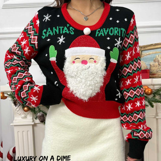 Santa's Favorite Knit Fun Fuzzy Beard Fair Isle Long Sleeve Holiday Sweater Top
