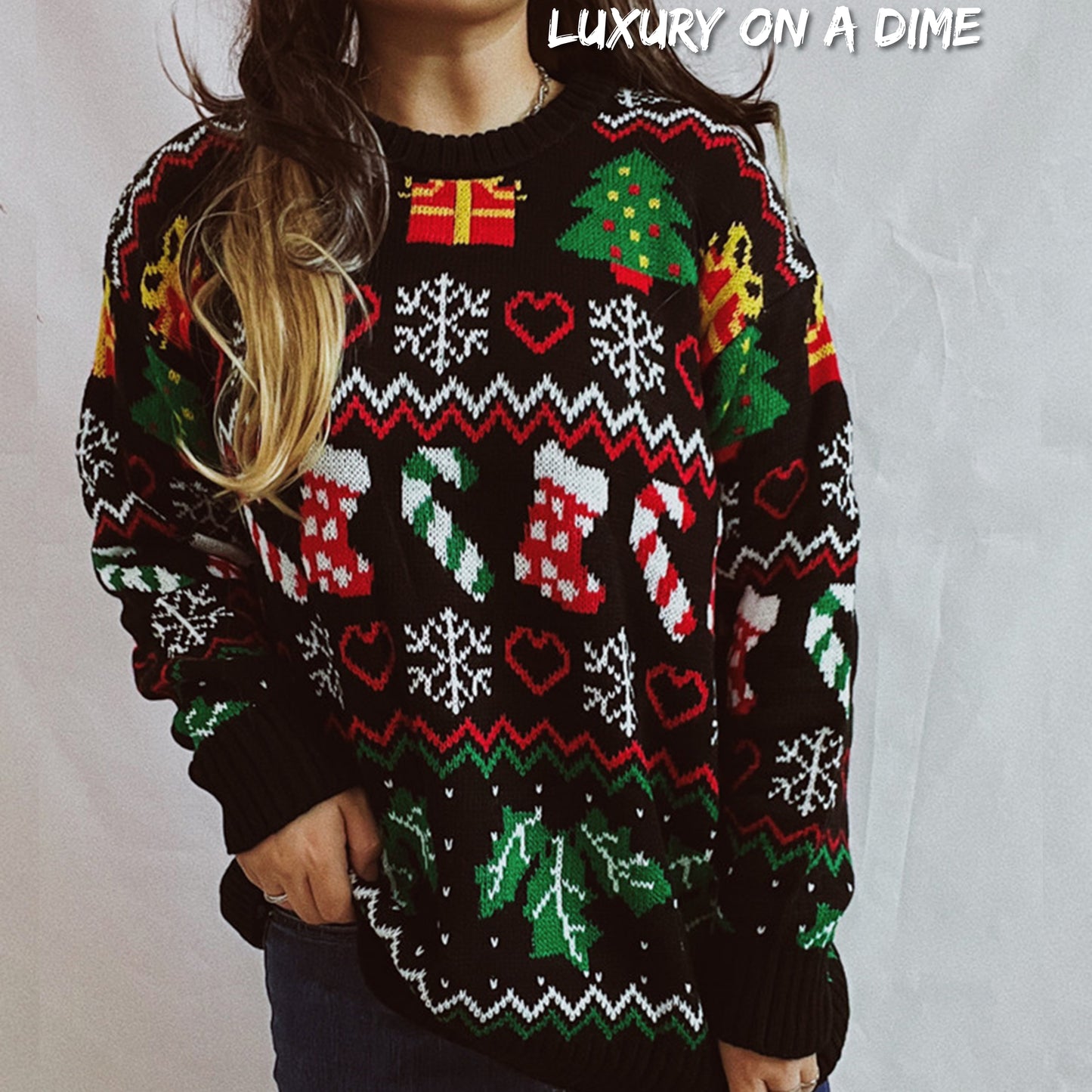 Festive Knit Santa Candy Canes Trees Round Neck Holiday Sweater Top