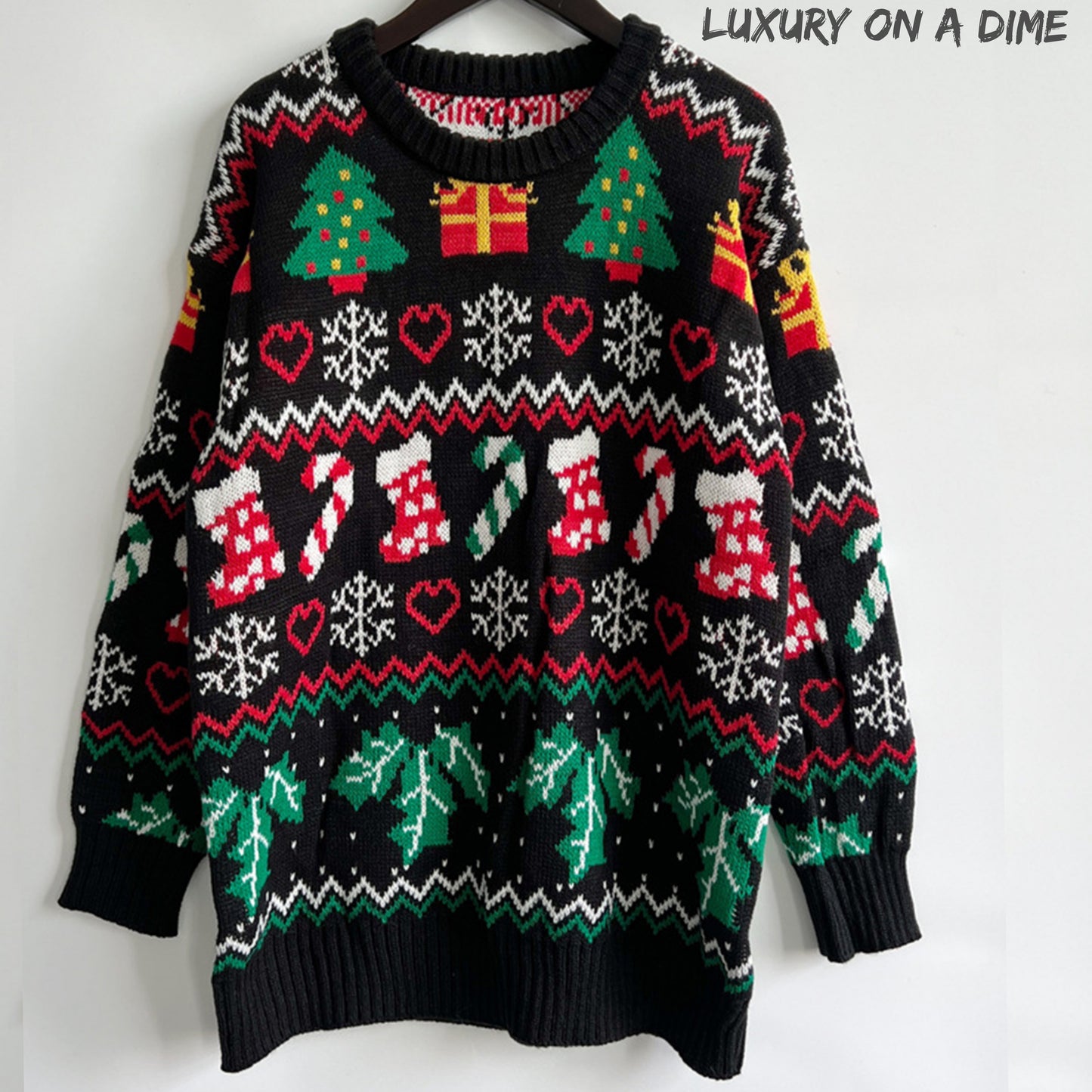 Festive Knit Santa Candy Canes Trees Round Neck Holiday Sweater Top