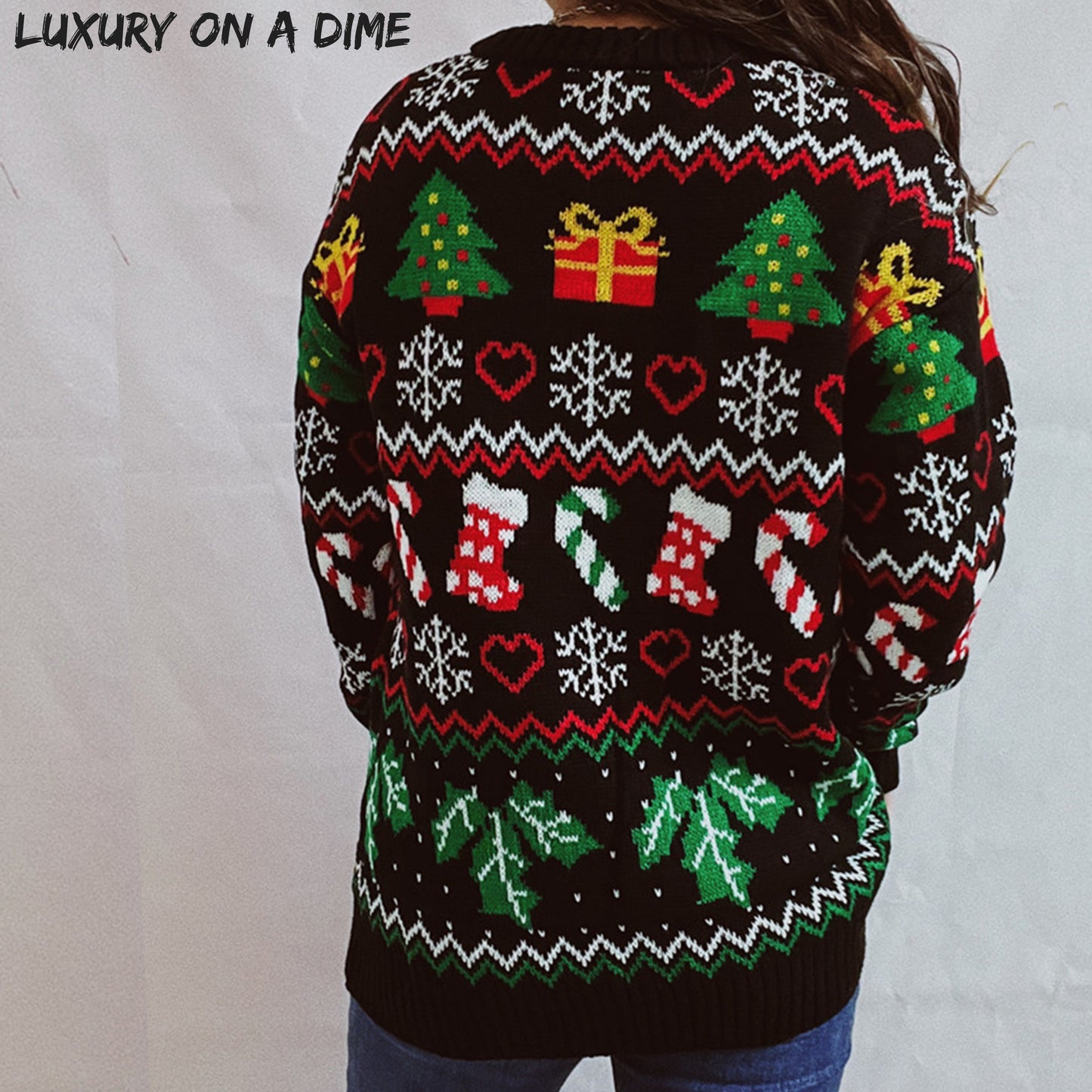 Festive Knit Santa Candy Canes Trees Round Neck Holiday Sweater Top