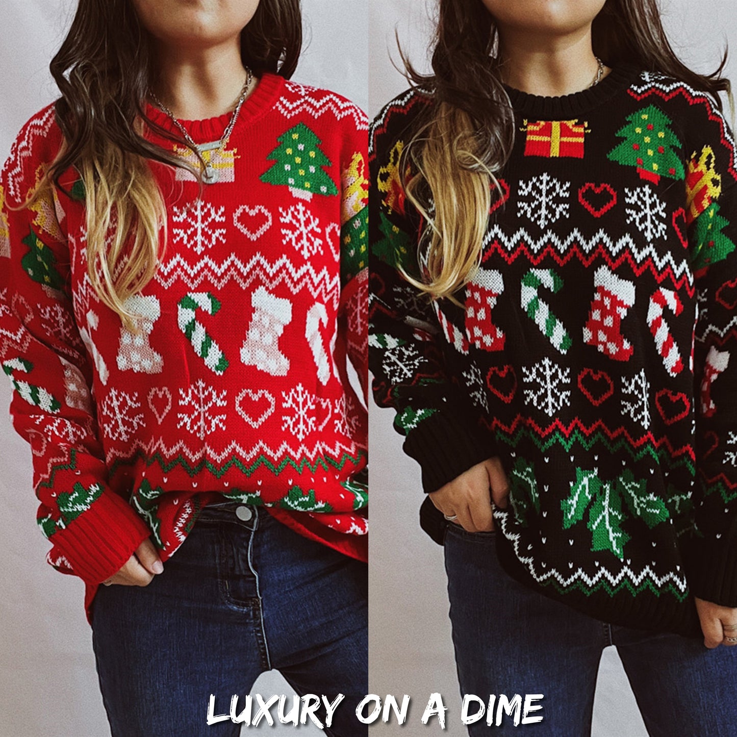 Festive Knit Santa Candy Canes Trees Round Neck Holiday Sweater Top