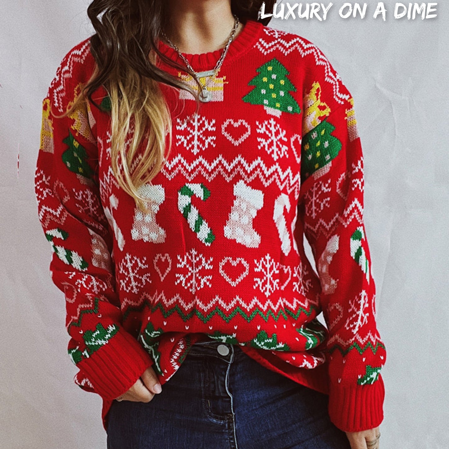 Festive Knit Santa Candy Canes Trees Round Neck Holiday Sweater Top