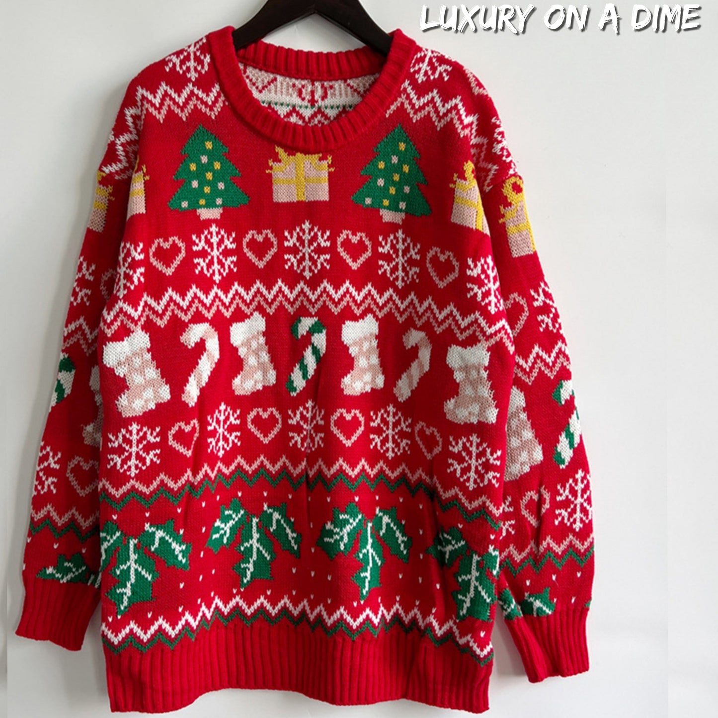 Festive Knit Santa Candy Canes Trees Round Neck Holiday Sweater Top