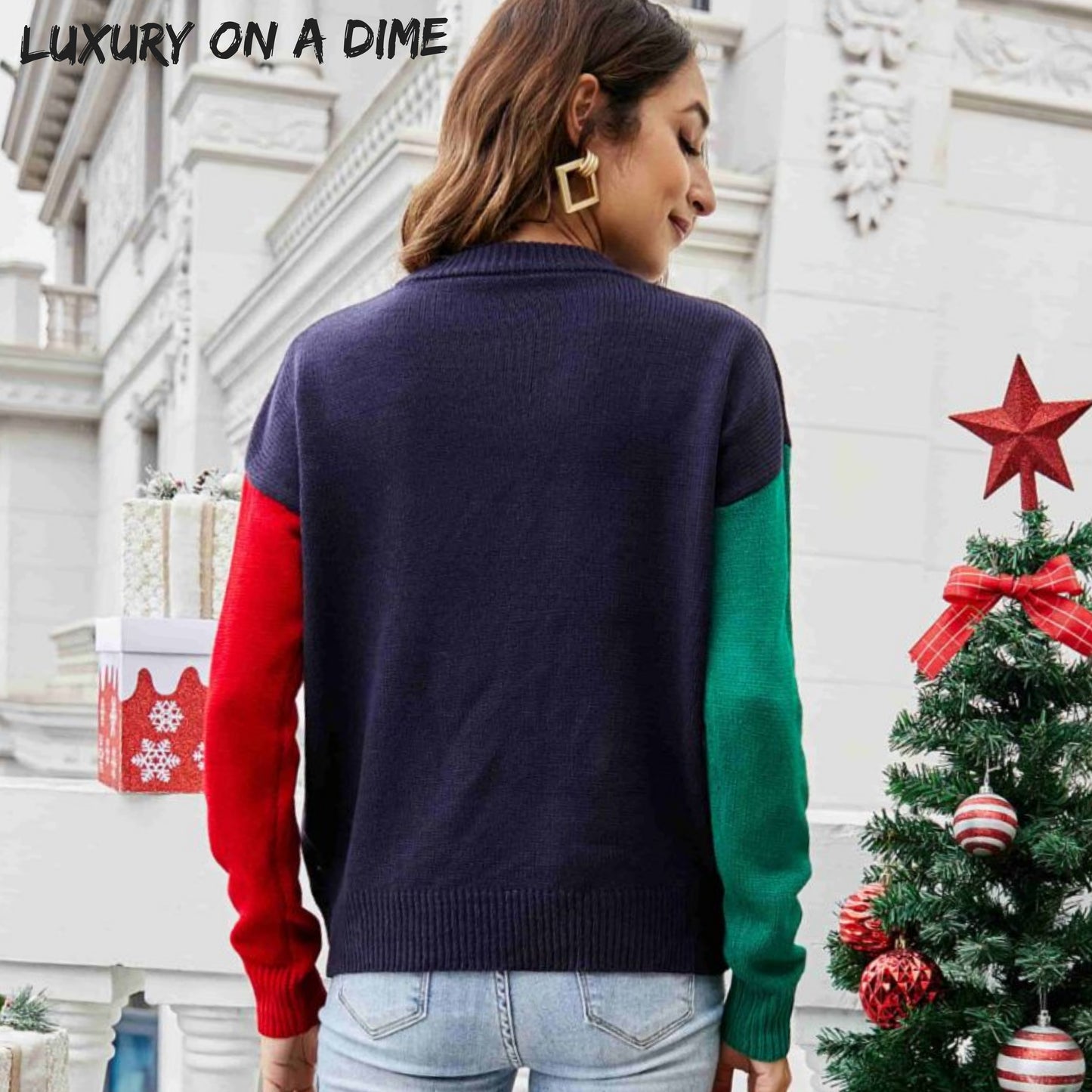 Bold Colorblock Knit Fun Pom Pom Long Sleeve Christmas Holiday Sweater Top