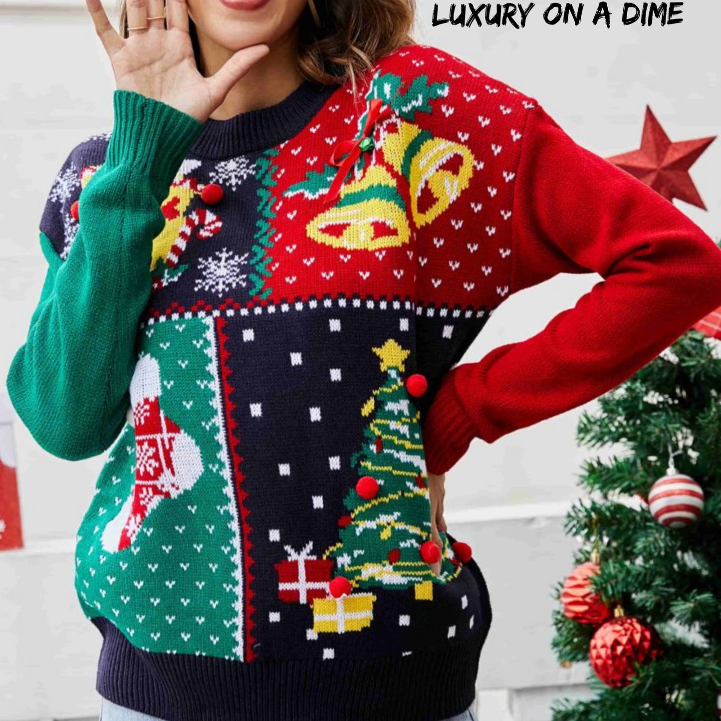 Bold Colorblock Knit Fun Pom Pom Long Sleeve Christmas Holiday Sweater Top