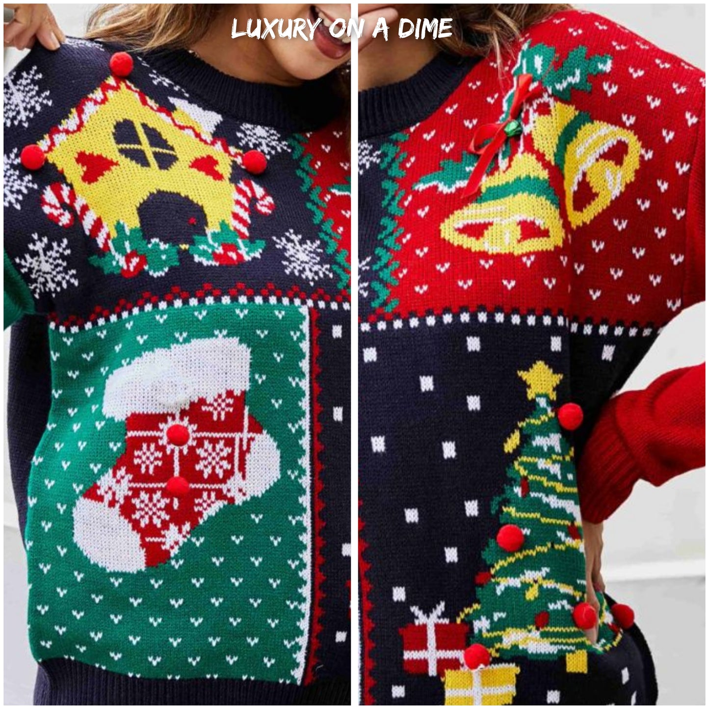 Bold Colorblock Knit Fun Pom Pom Long Sleeve Christmas Holiday Sweater Top