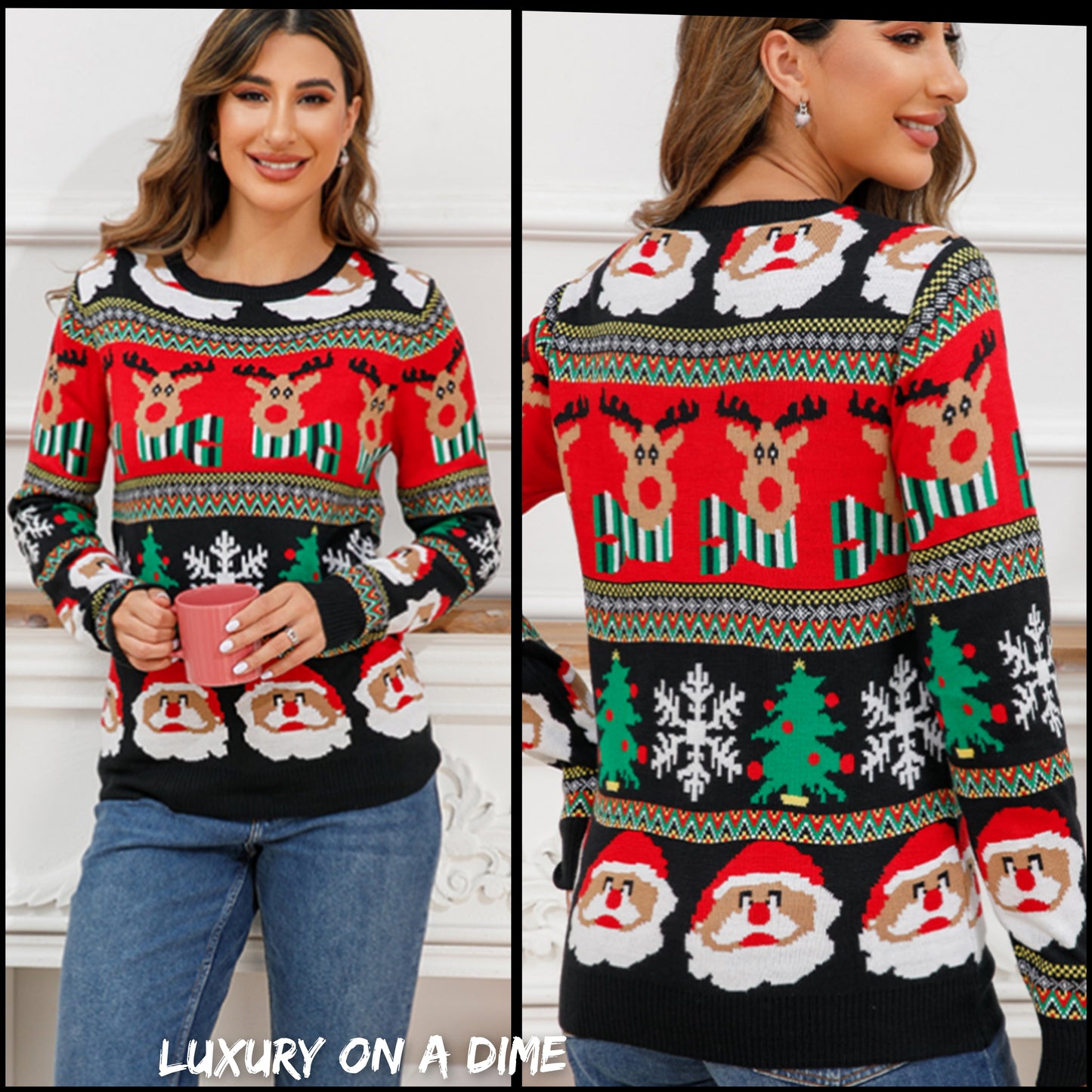 Bold Christmas Colorful Knit Rudolph Santa Festive Long Sleeve Sweater