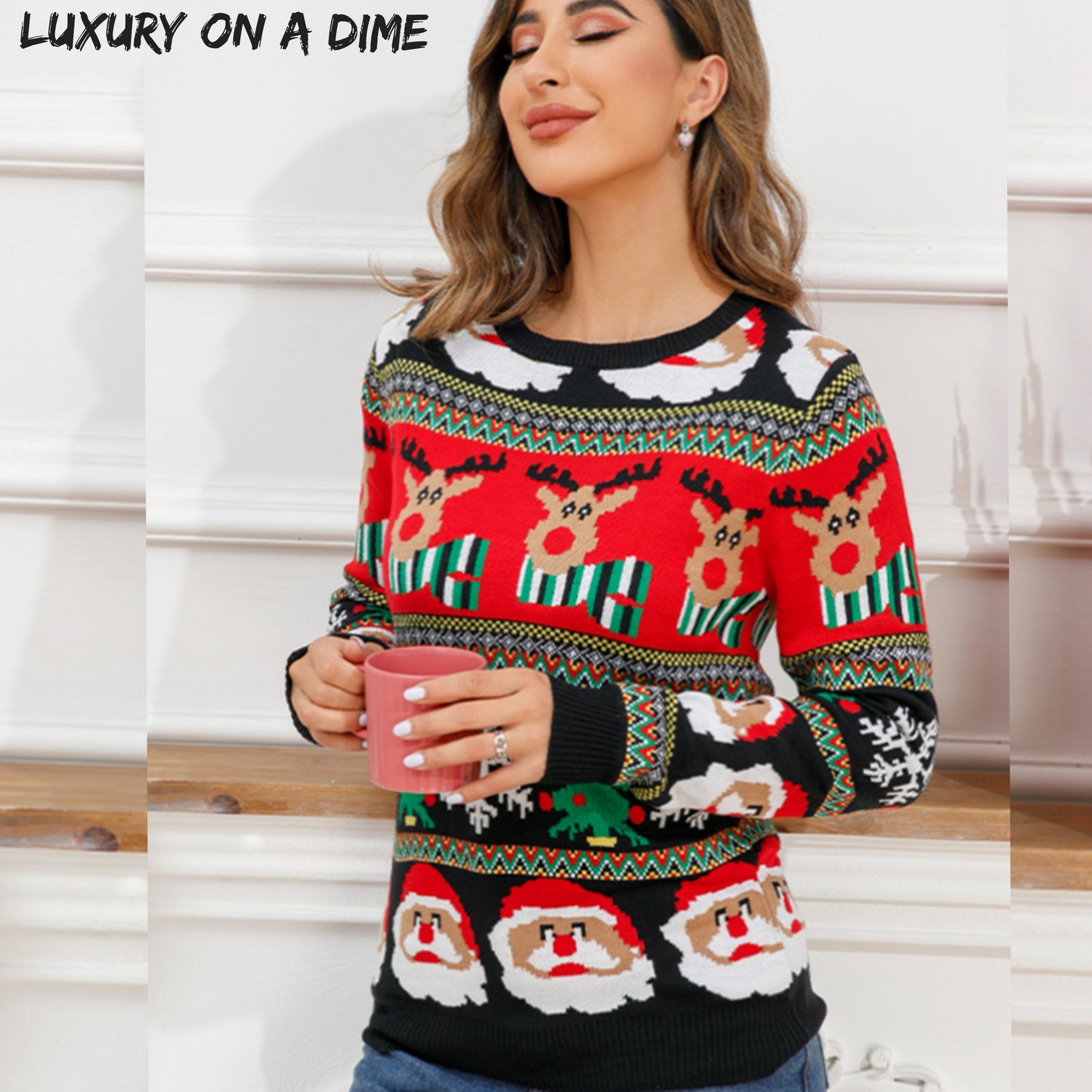 Bold Christmas Colorful Knit Rudolph Santa Festive Long Sleeve Sweater