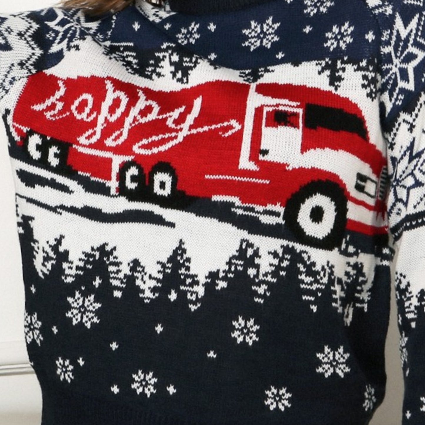 HAPPY Semi Truck Knit Fair Isle Geometric Snowflake Classic Pullover Winter Sweater