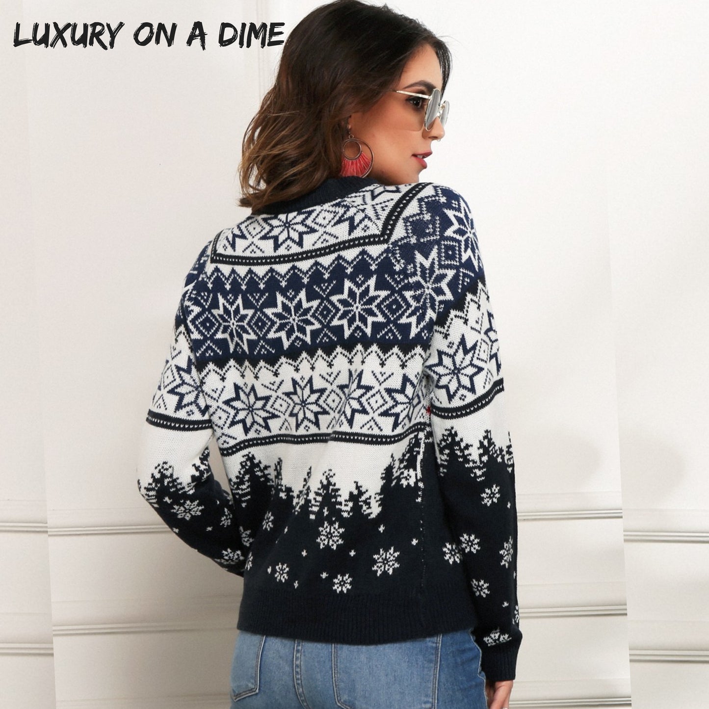 HAPPY Semi Truck Knit Fair Isle Geometric Snowflake Classic Pullover Winter Sweater