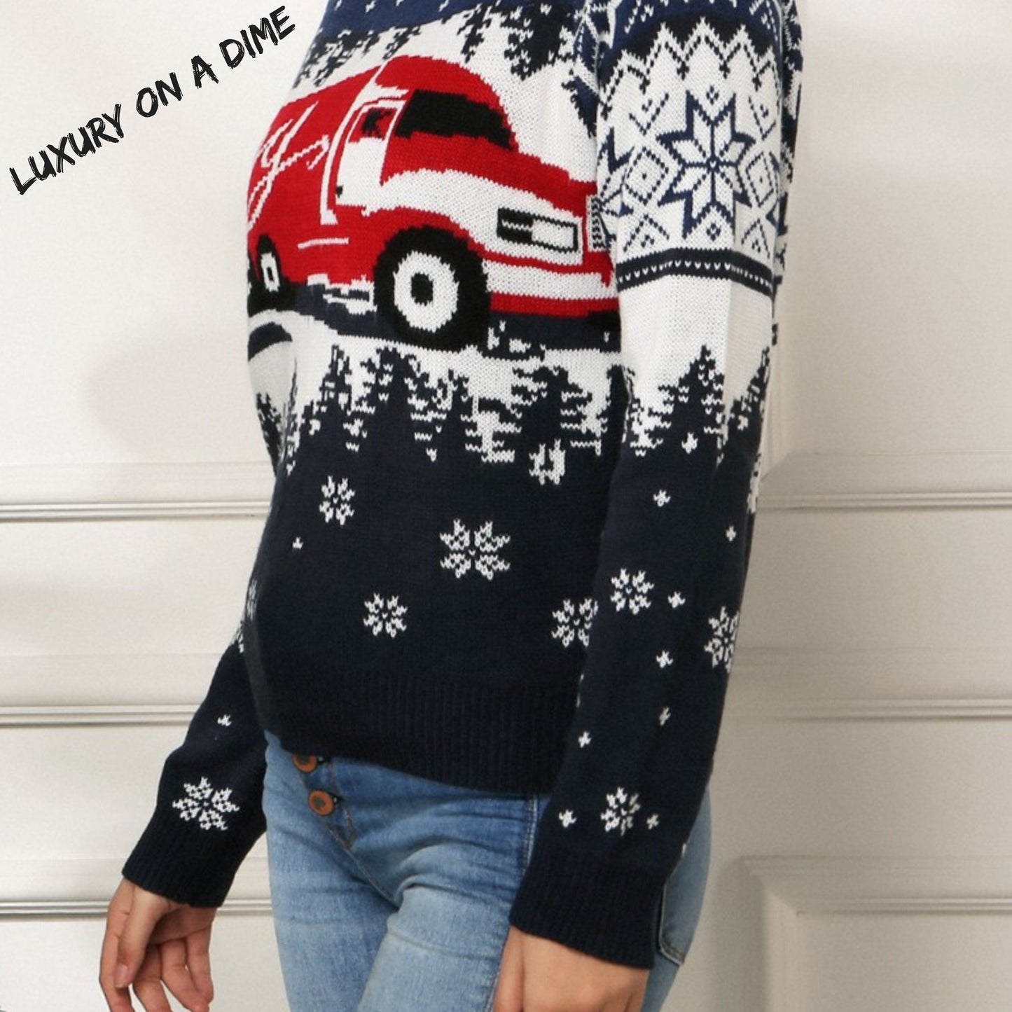 HAPPY Semi Truck Knit Fair Isle Geometric Snowflake Classic Pullover Winter Sweater