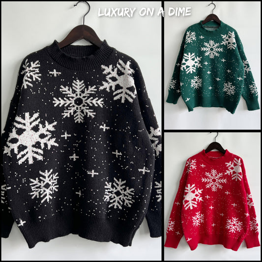 Color Contrast Snowflake Round Neck Long Sleeve Minimalist Winter Sweater