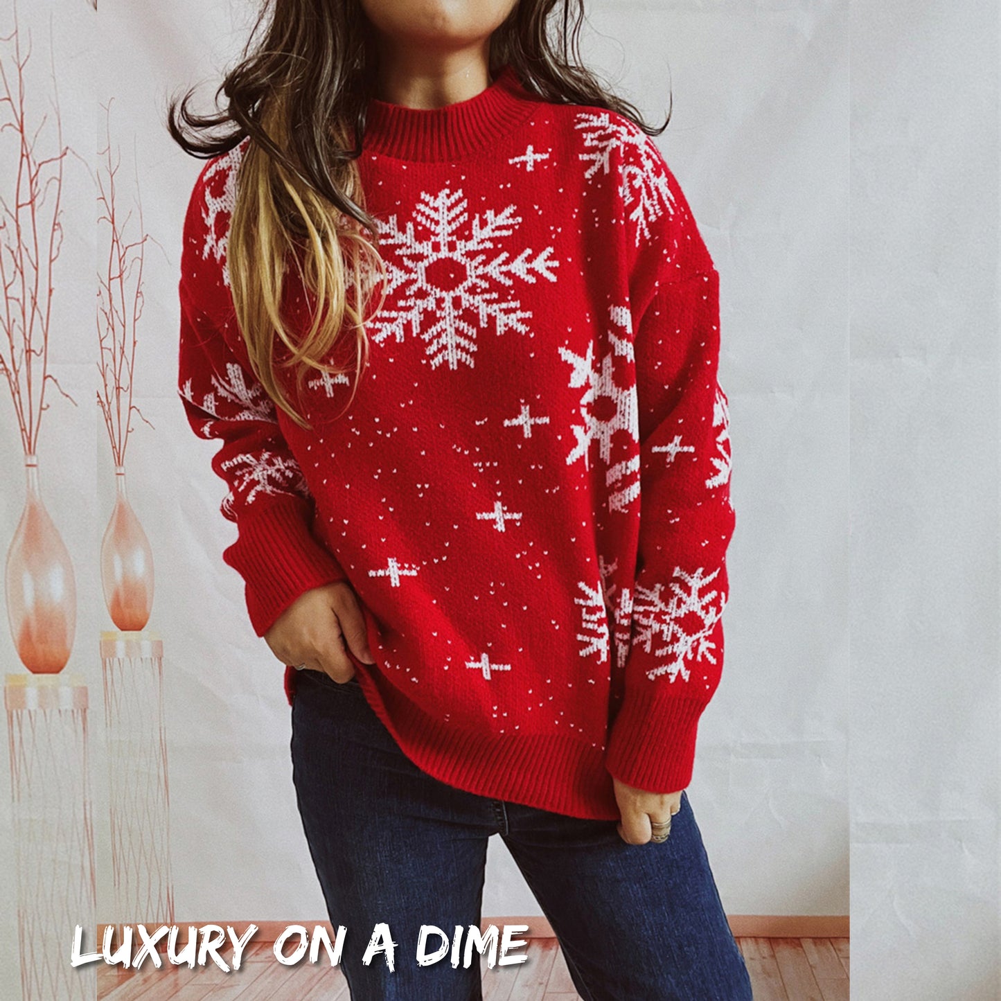 Color Contrast Snowflake Round Neck Long Sleeve Minimalist Winter Sweater