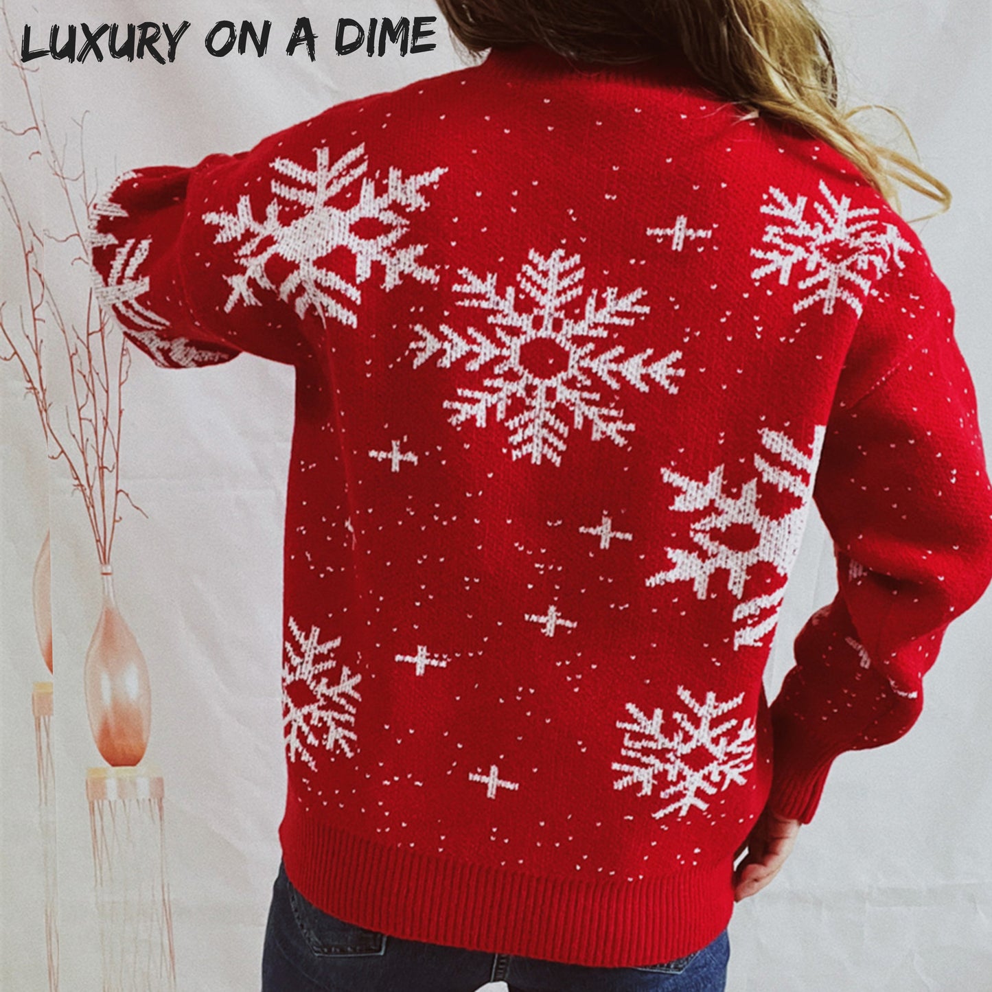 Color Contrast Snowflake Round Neck Long Sleeve Minimalist Winter Sweater