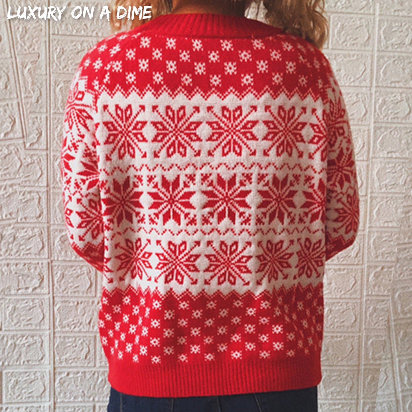 Fair Isle Color Contrast Winter Snowflake Long Sleeve Minimalist Sweater