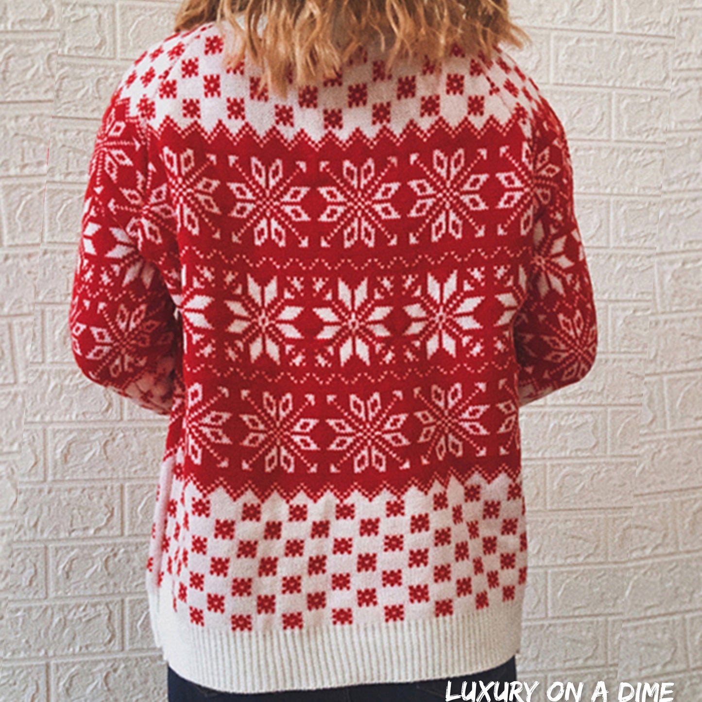 Fair Isle Color Contrast Winter Snowflake Long Sleeve Minimalist Sweater