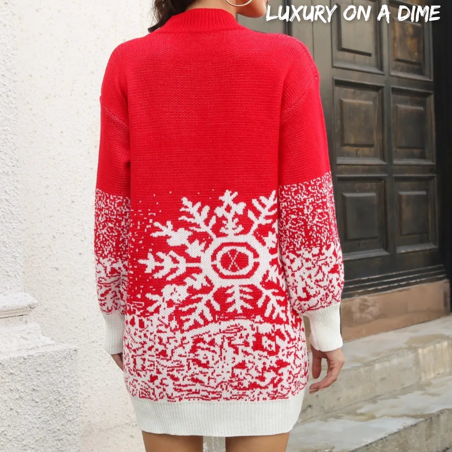 Contrasting Color Snowflake Classic Knit Long Sleeve Mini Sweater Dress