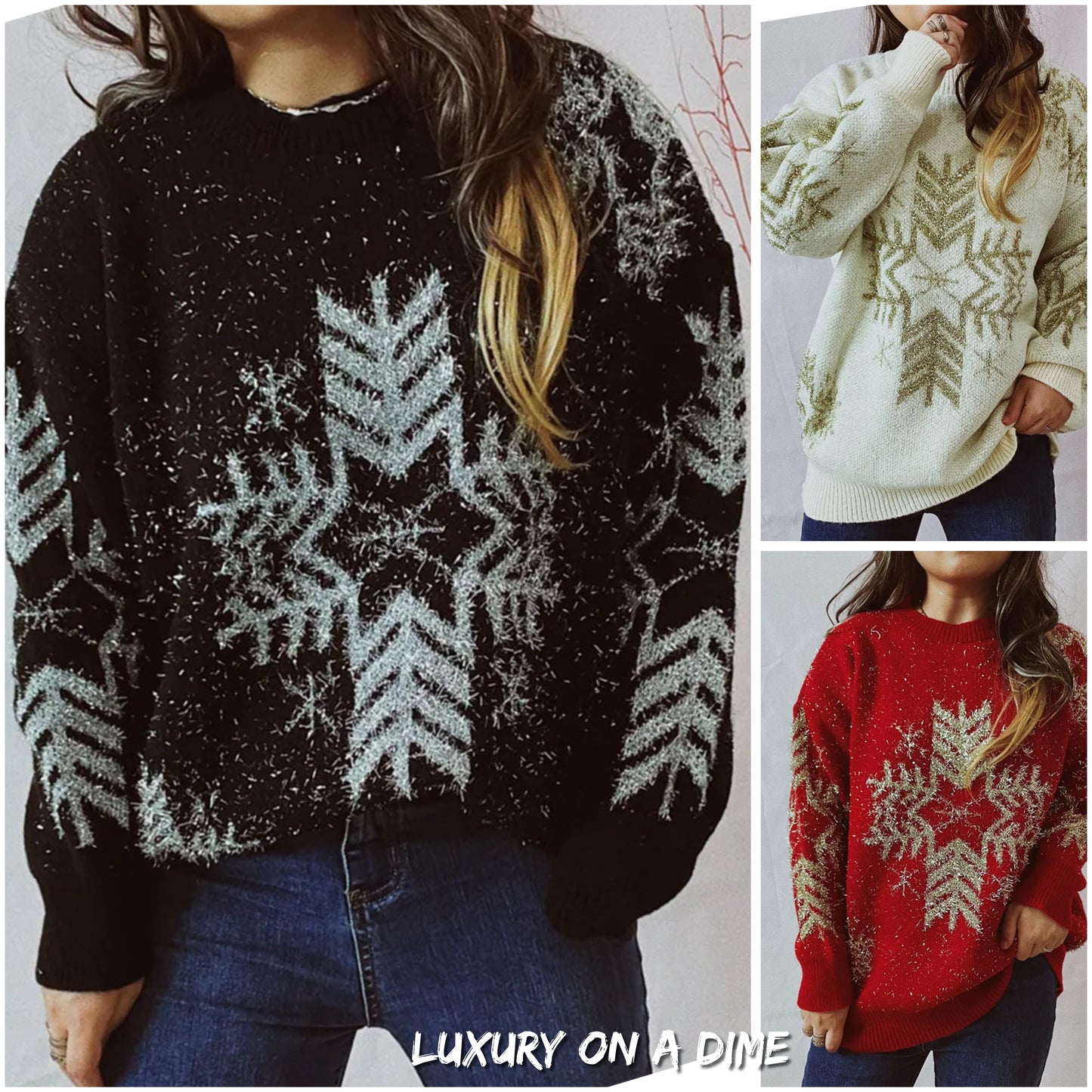 Fuzzy Contrasting Snowflake Knit Round Neck Classy Minimalist Winter Sweater