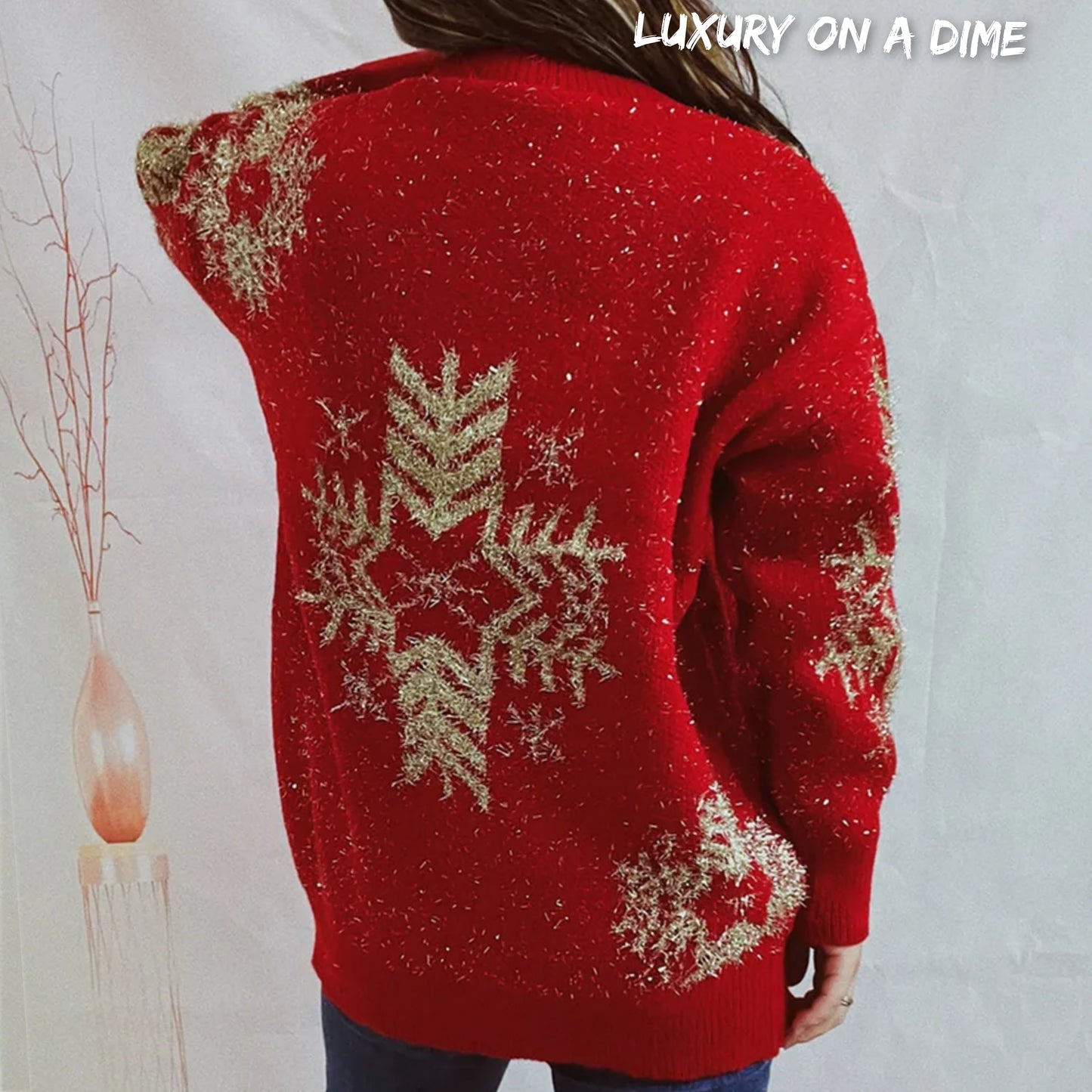 Fuzzy Contrasting Snowflake Knit Round Neck Classy Minimalist Winter Sweater