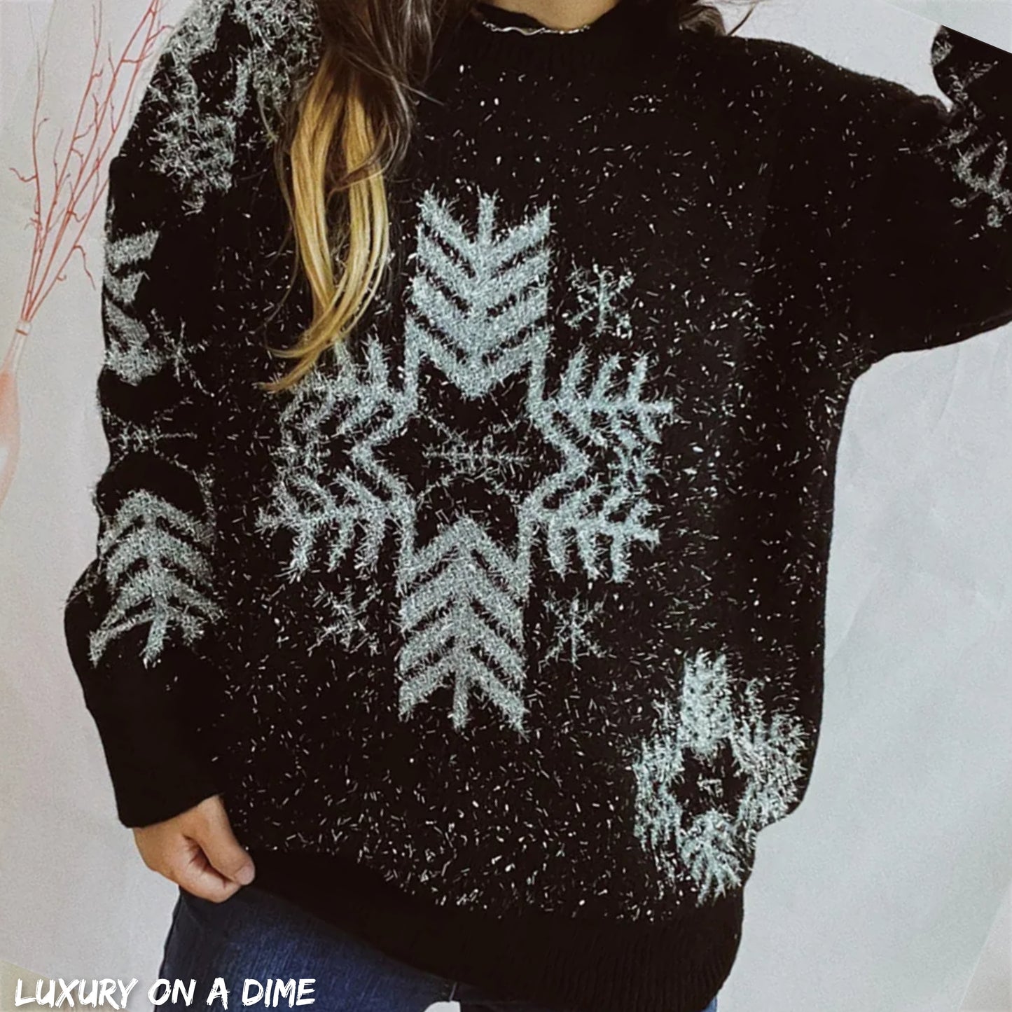 Fuzzy Contrasting Snowflake Knit Round Neck Classy Minimalist Winter Sweater