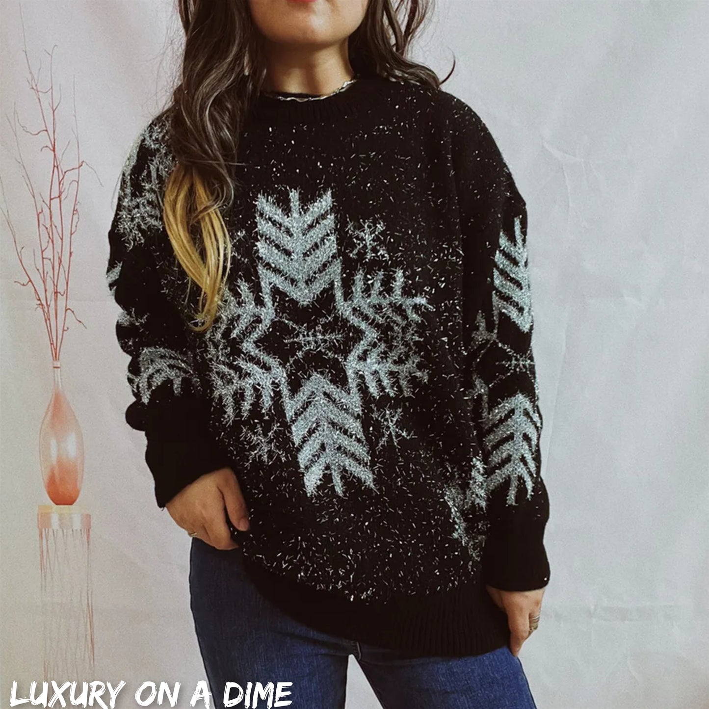 Fuzzy Contrasting Snowflake Knit Round Neck Classy Minimalist Winter Sweater