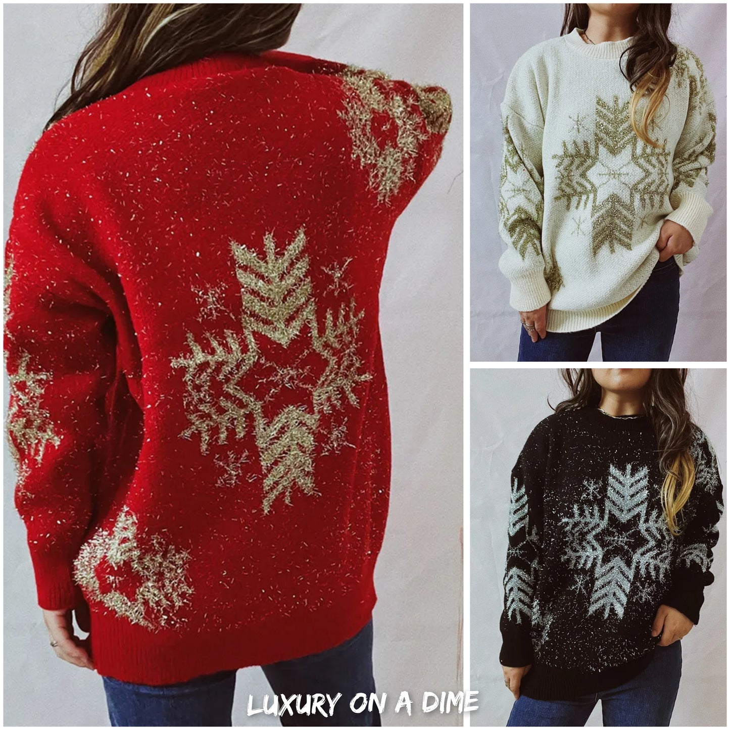 Fuzzy Contrasting Snowflake Knit Round Neck Classy Minimalist Winter Sweater