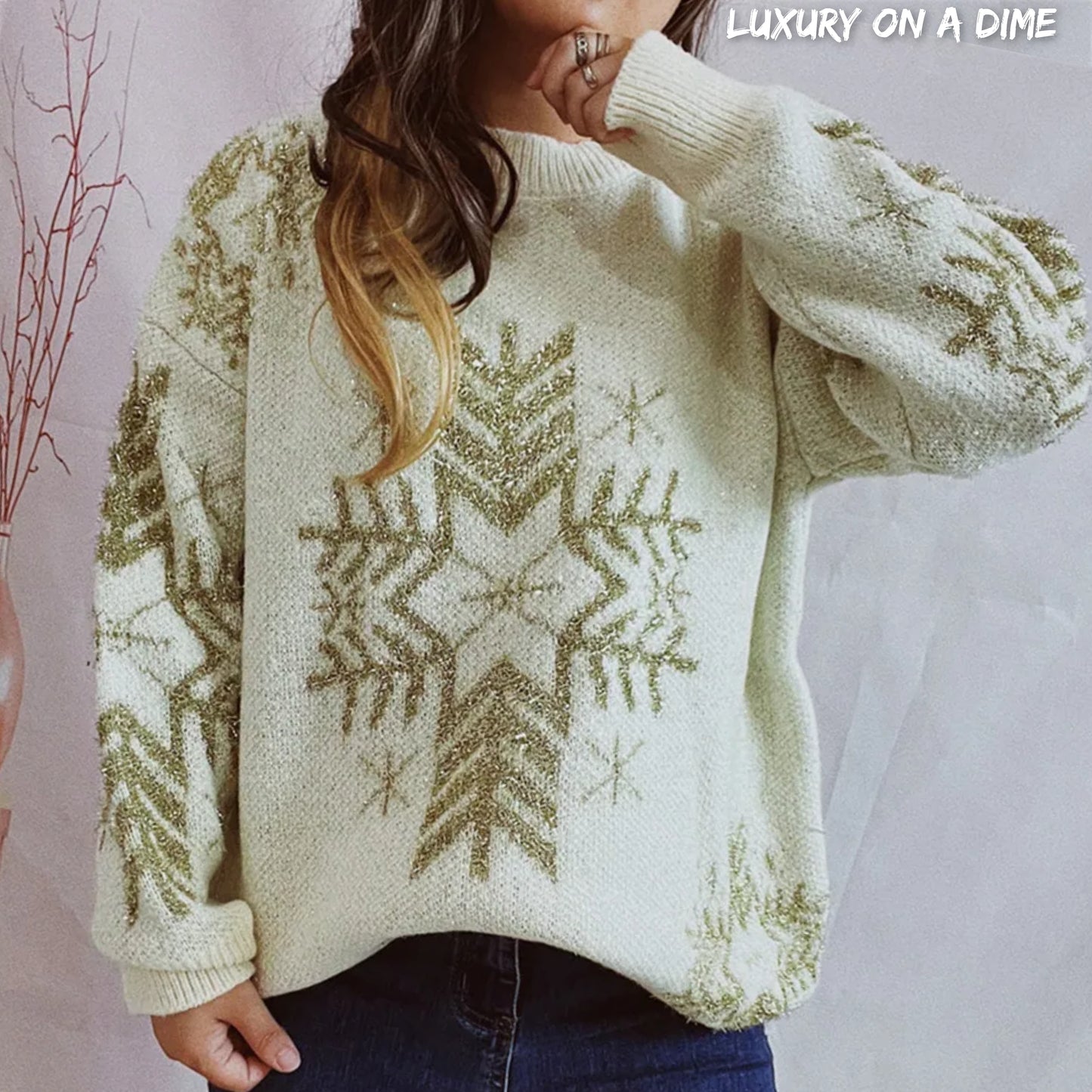 Fuzzy Contrasting Snowflake Knit Round Neck Classy Minimalist Winter Sweater