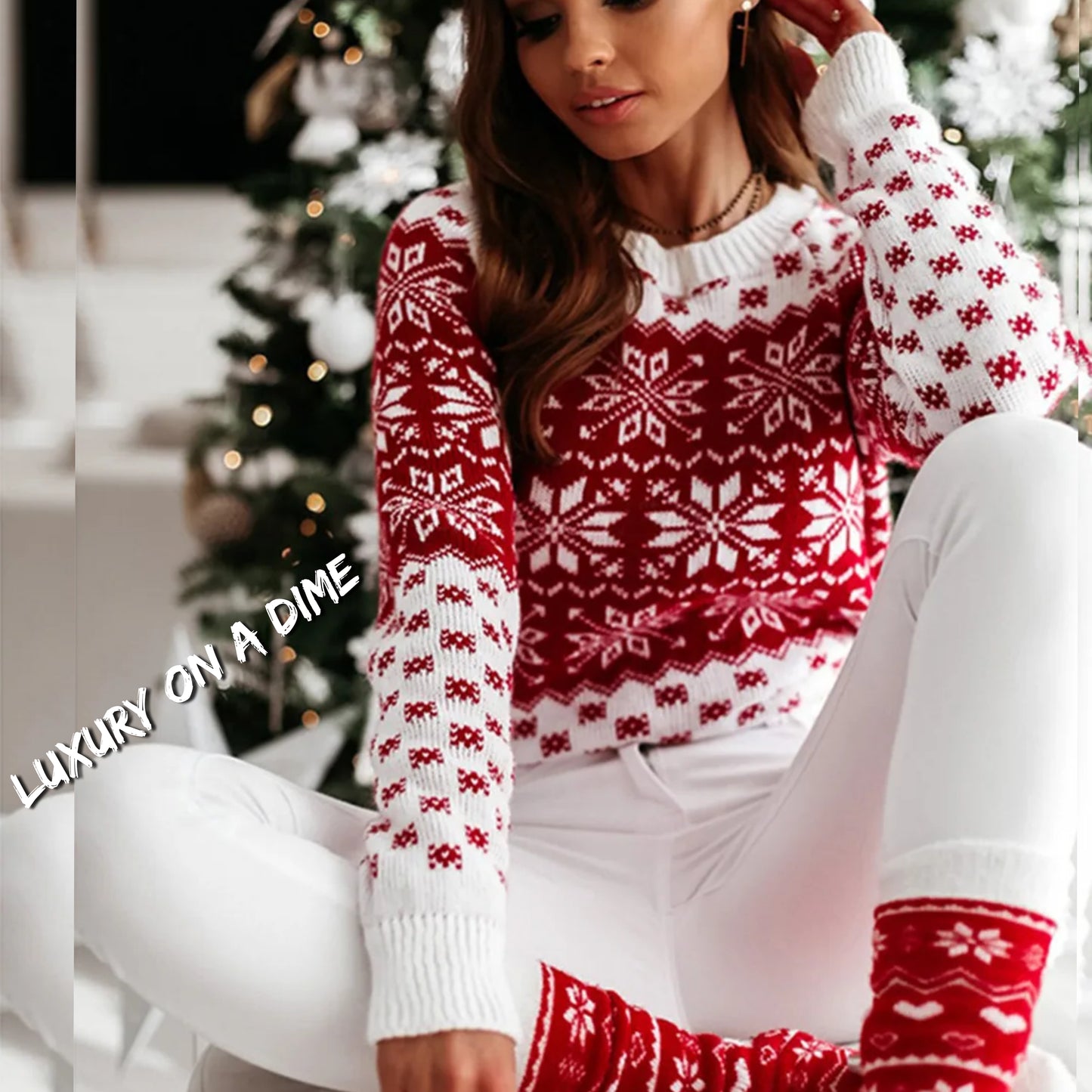 Fair Isle Contrast Color Winter Snowflake Long Sleeve Minimalist Sweater Top