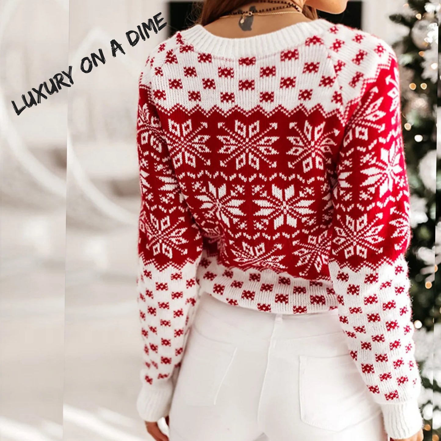 Fair Isle Contrast Color Winter Snowflake Long Sleeve Minimalist Sweater Top