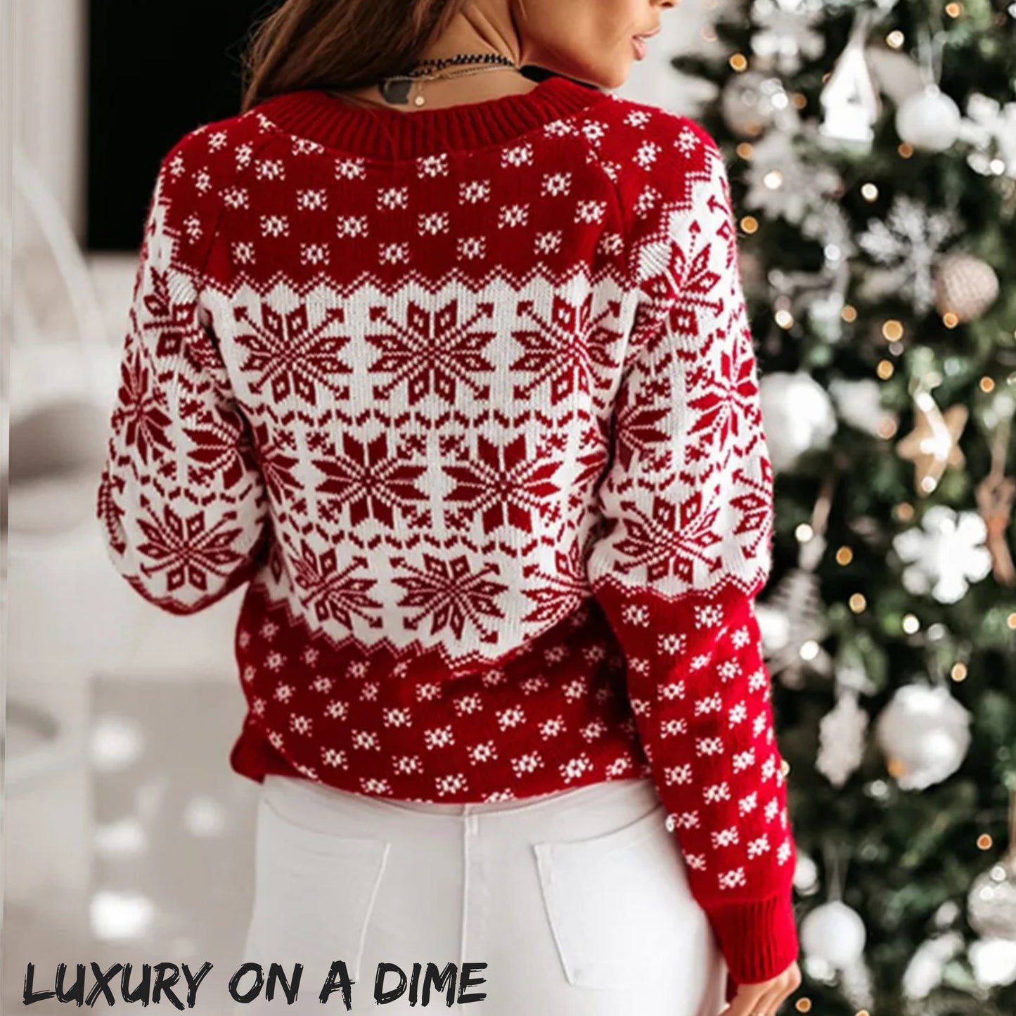 Fair Isle Contrast Color Winter Snowflake Long Sleeve Minimalist Sweater Top