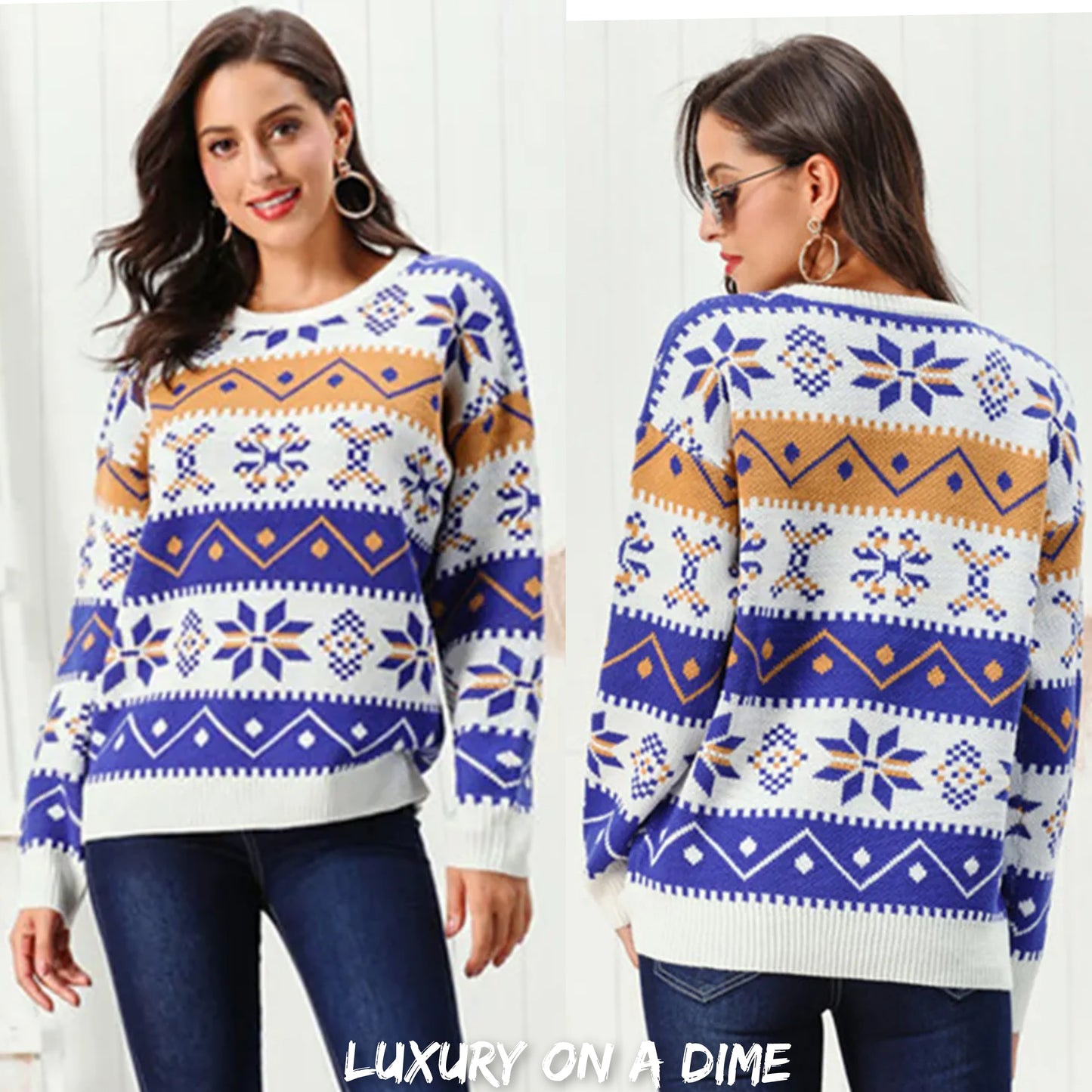 Bold Fair Isle Contrast Winter Snowflake Long Sleeve Minimalist Sweater