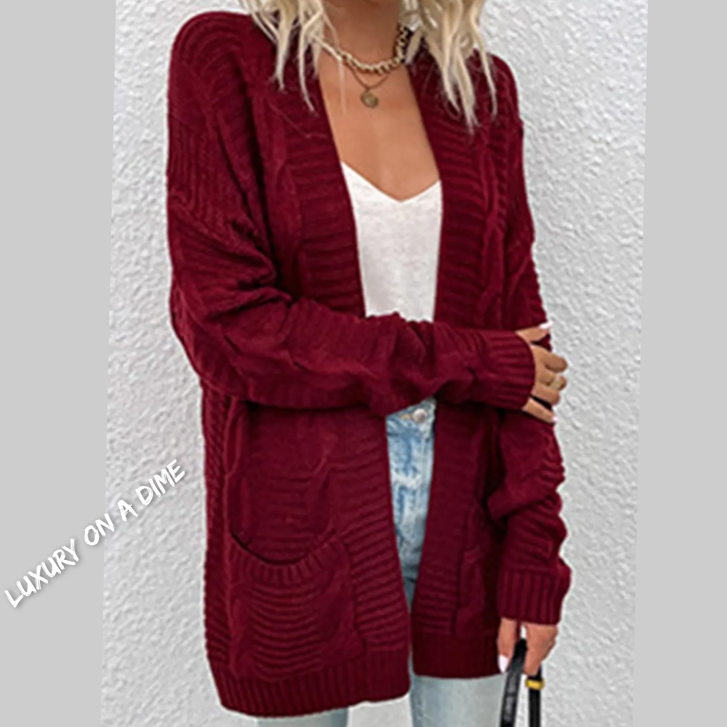 Oversized Cable Knit Classic Open Front Patch Pocket Cardigan Fall Winter