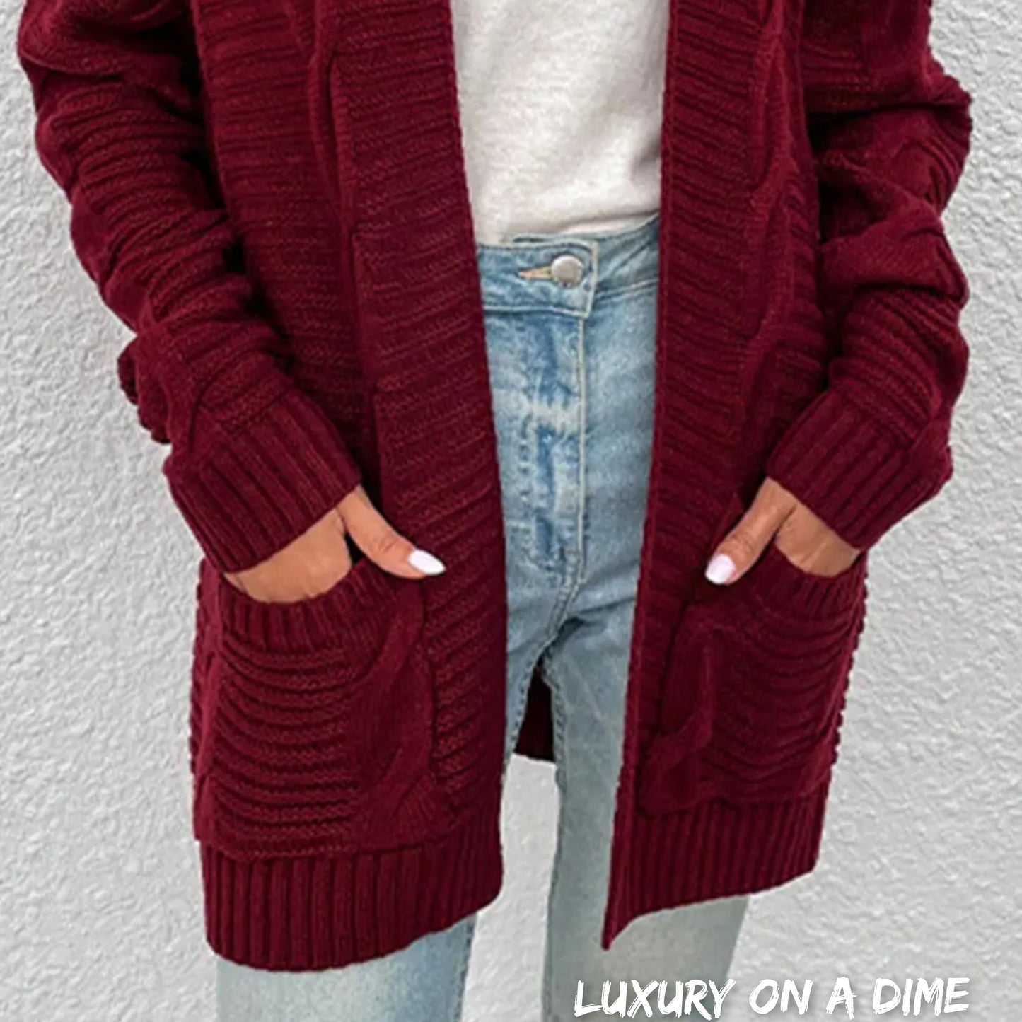 Oversized Cable Knit Classic Open Front Patch Pocket Cardigan Fall Winter