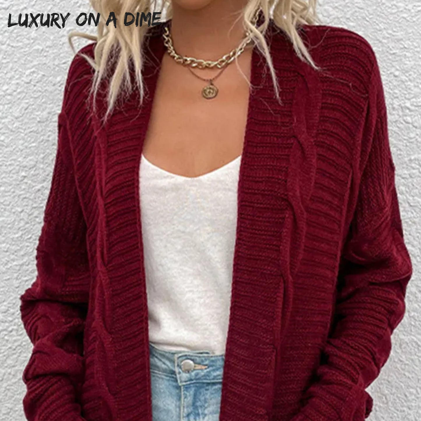 Oversized Cable Knit Classic Open Front Patch Pocket Cardigan Fall Winter