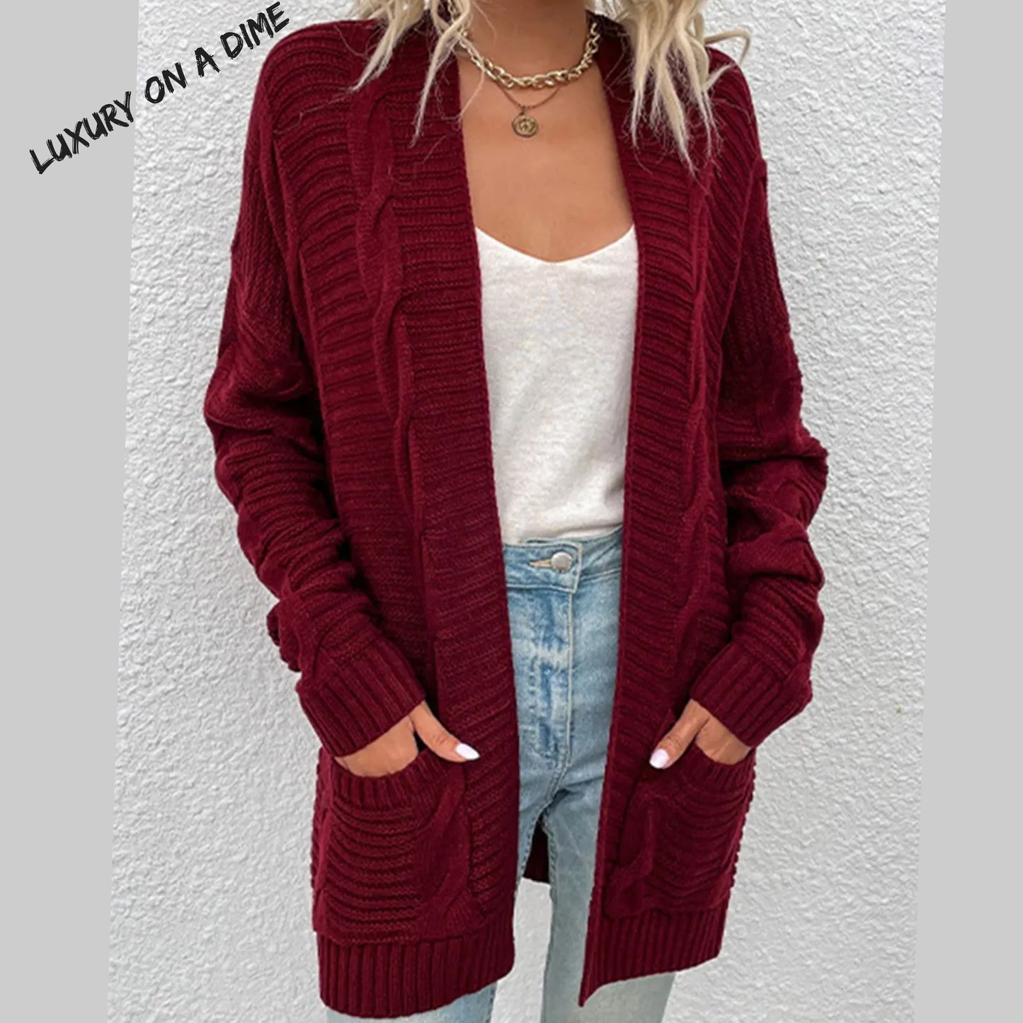 Oversized Cable Knit Classic Open Front Patch Pocket Cardigan Fall Winter