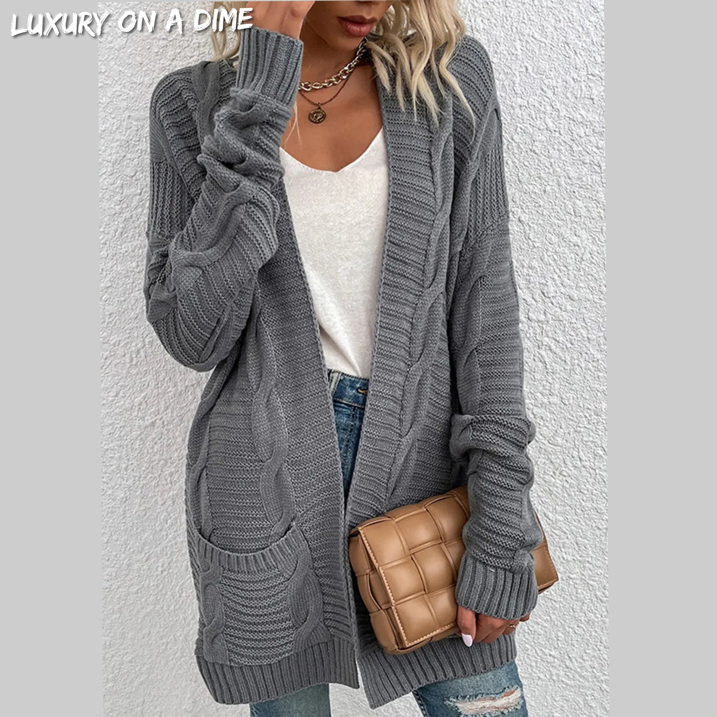 Oversized Cable Knit Classic Open Front Patch Pocket Cardigan Fall Winter