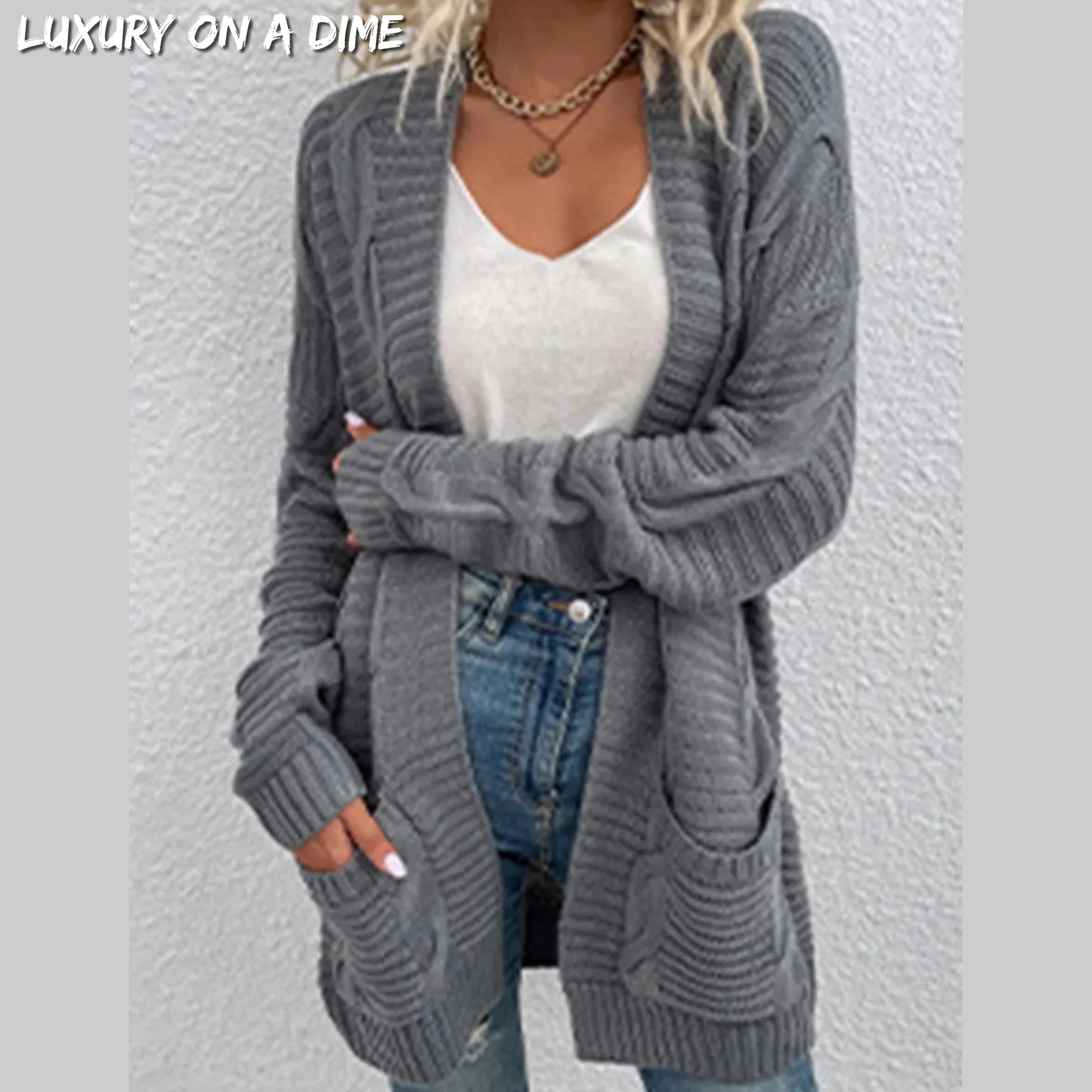 Oversized Cable Knit Classic Open Front Patch Pocket Cardigan Fall Winter