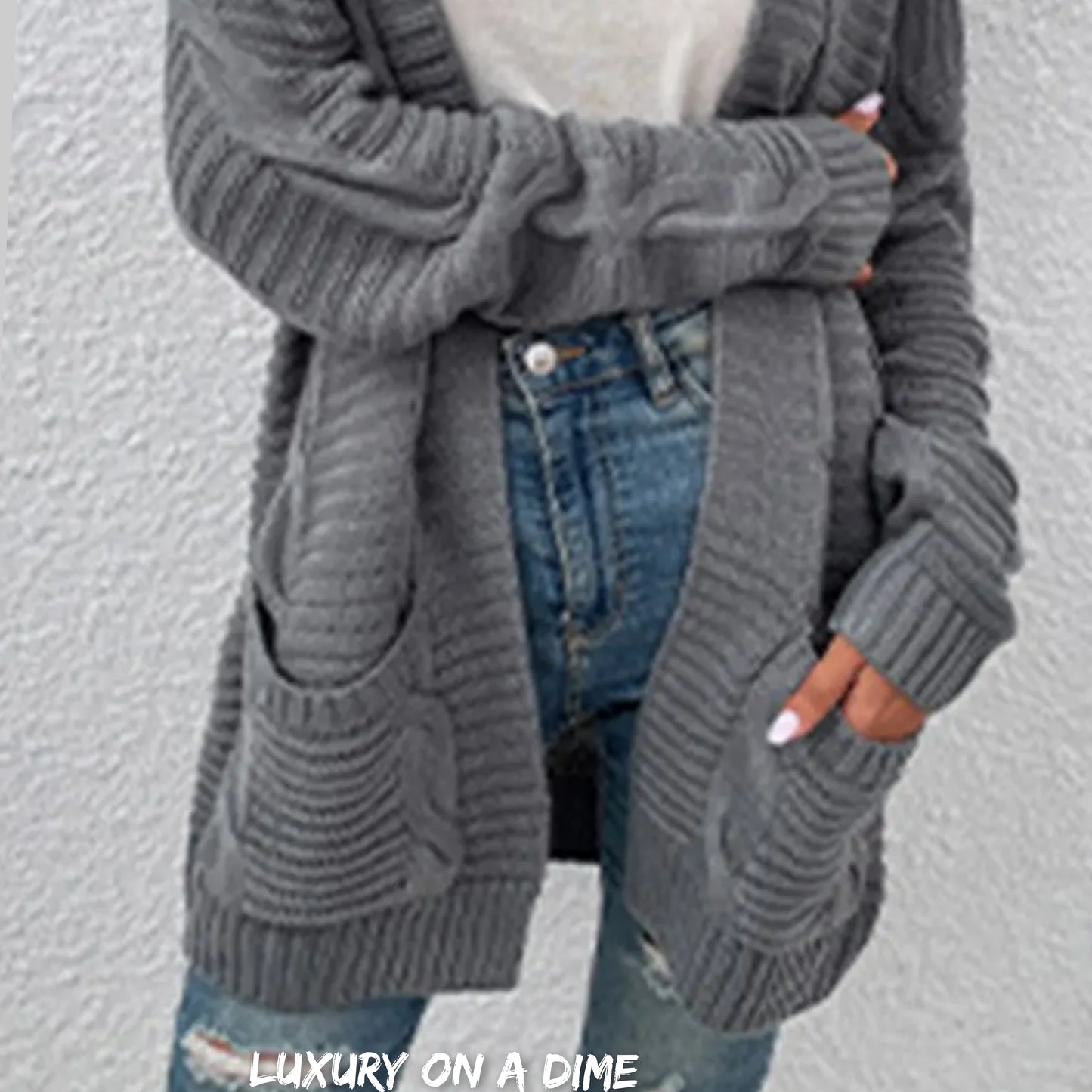 Oversized Cable Knit Classic Open Front Patch Pocket Cardigan Fall Winter