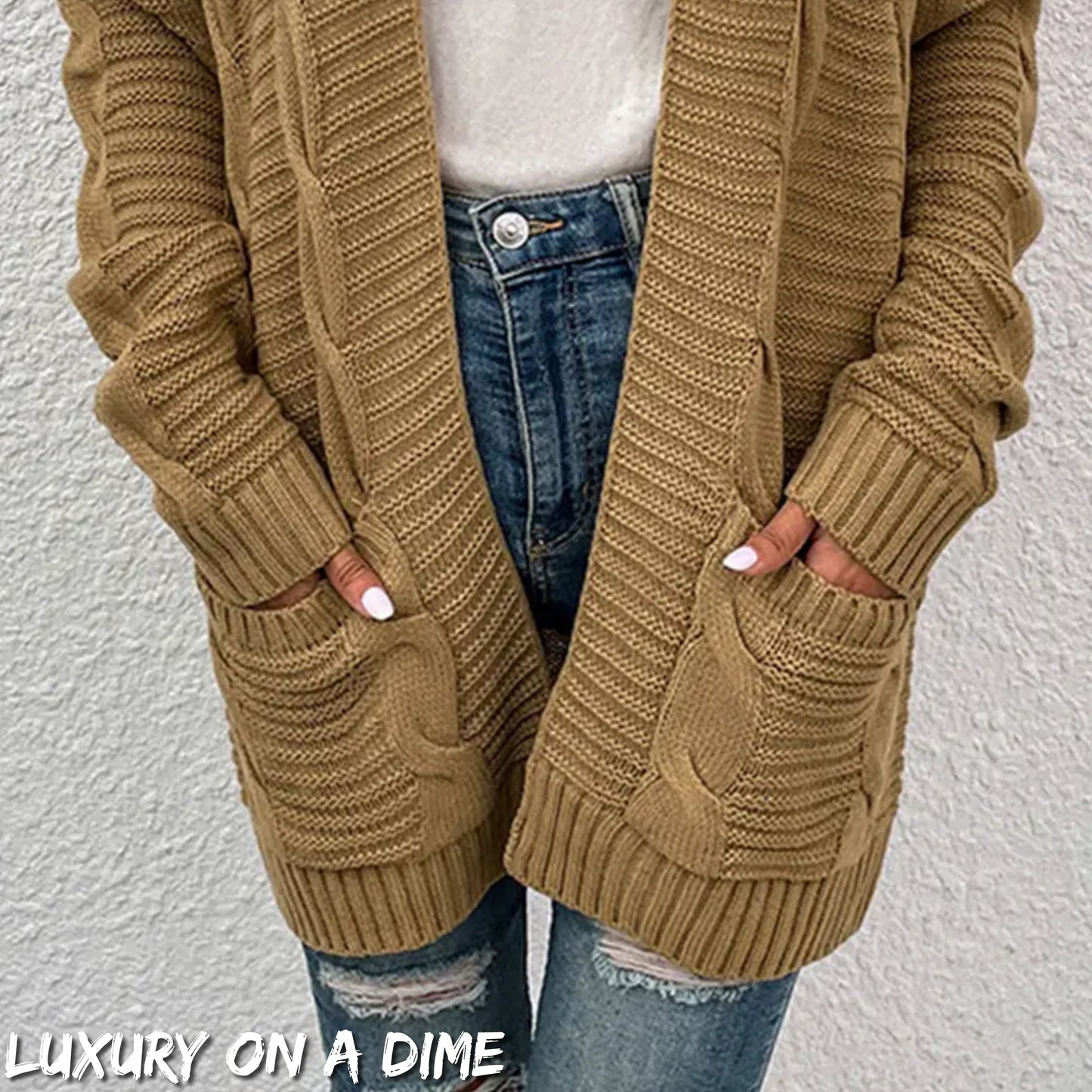 Oversized Cable Knit Classic Open Front Patch Pocket Cardigan Fall Winter
