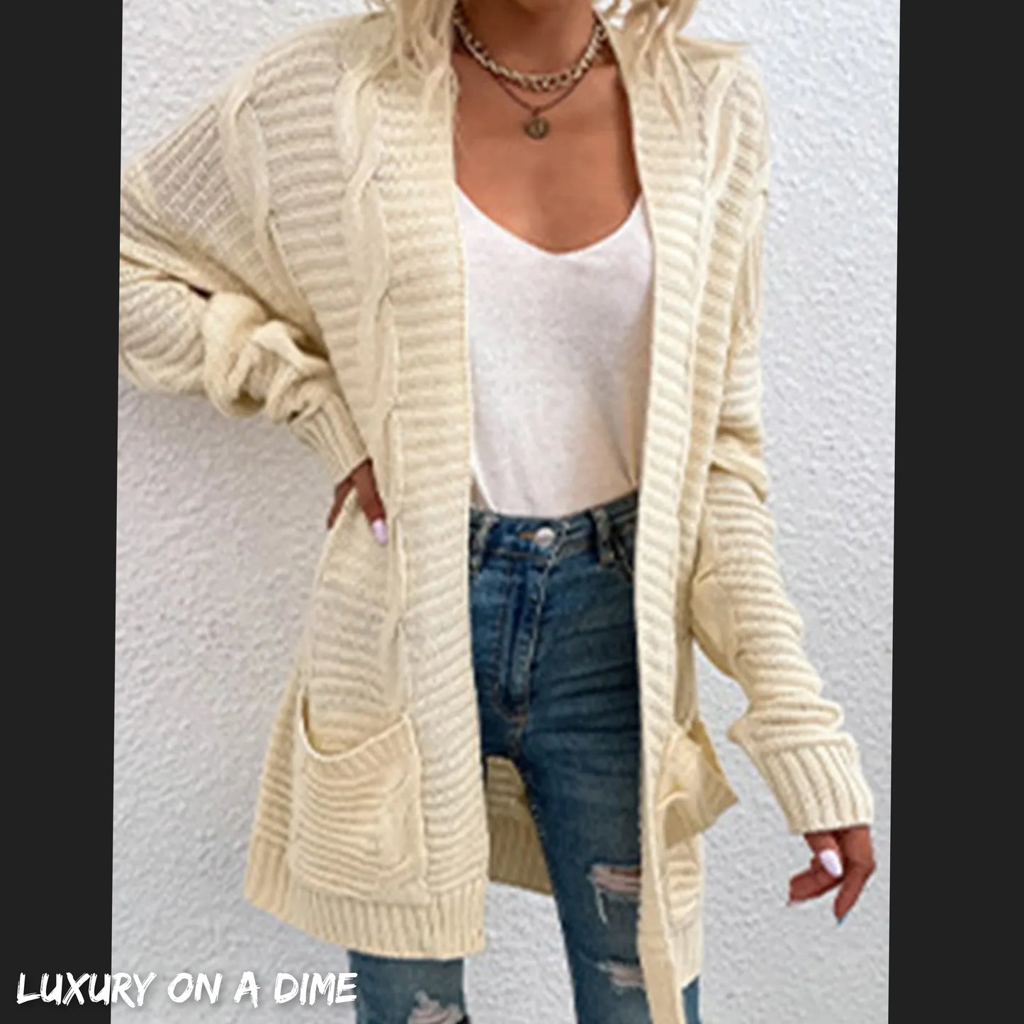 Oversized Cable Knit Classic Open Front Patch Pocket Cardigan Fall Winter