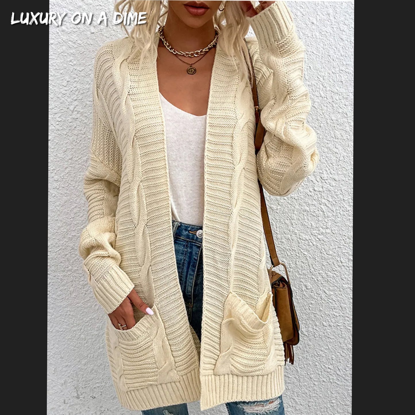 Oversized Cable Knit Classic Open Front Patch Pocket Cardigan Fall Winter