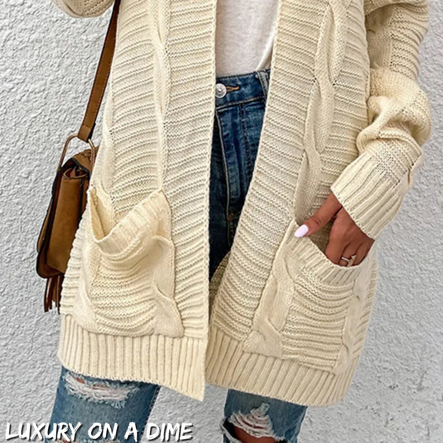 Oversized Cable Knit Classic Open Front Patch Pocket Cardigan Fall Winter