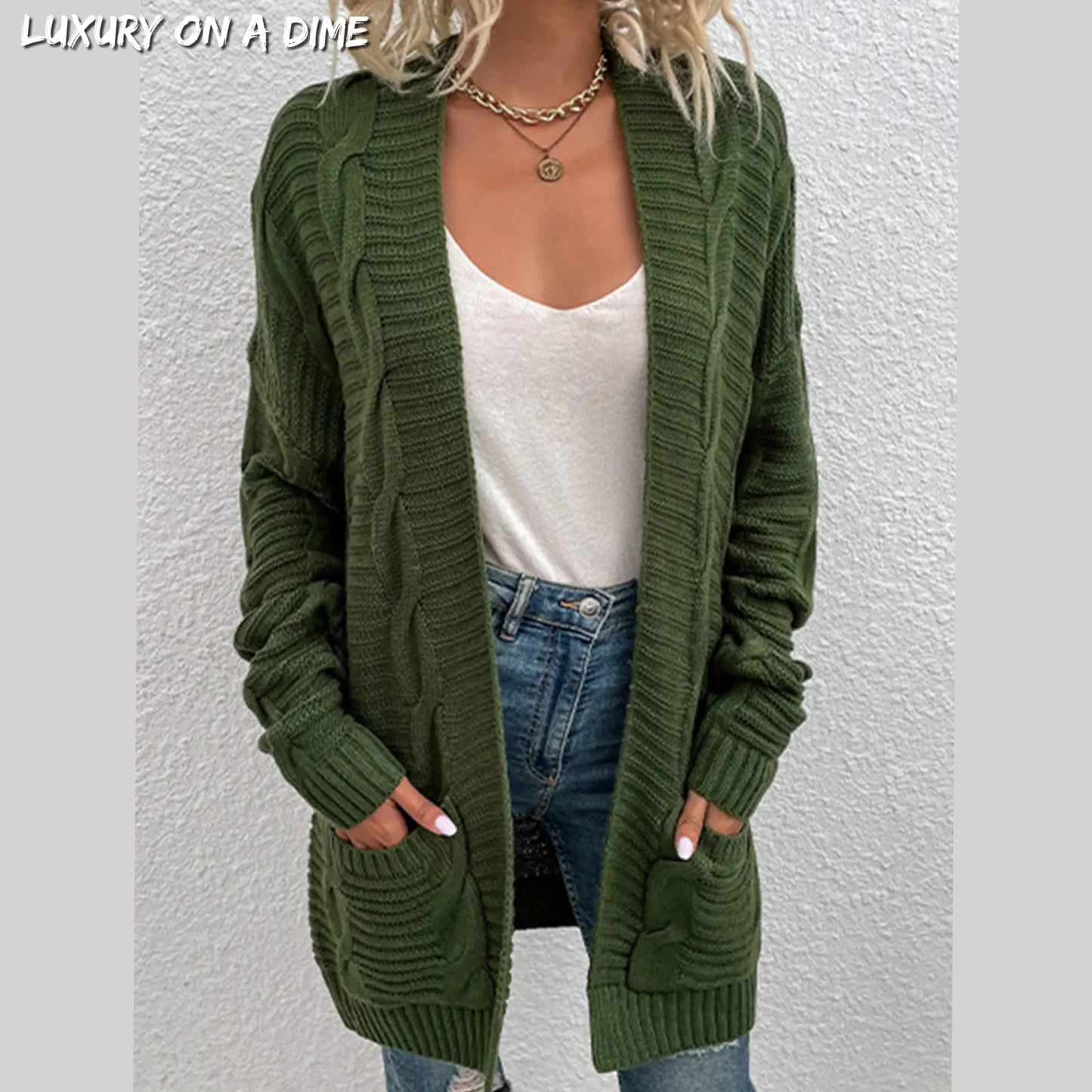 Oversized Cable Knit Classic Open Front Patch Pocket Cardigan Fall Winter
