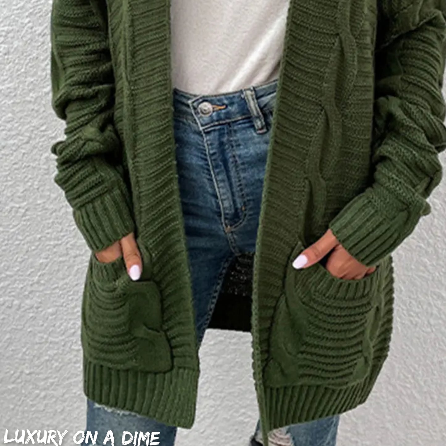 Oversized Cable Knit Classic Open Front Patch Pocket Cardigan Fall Winter