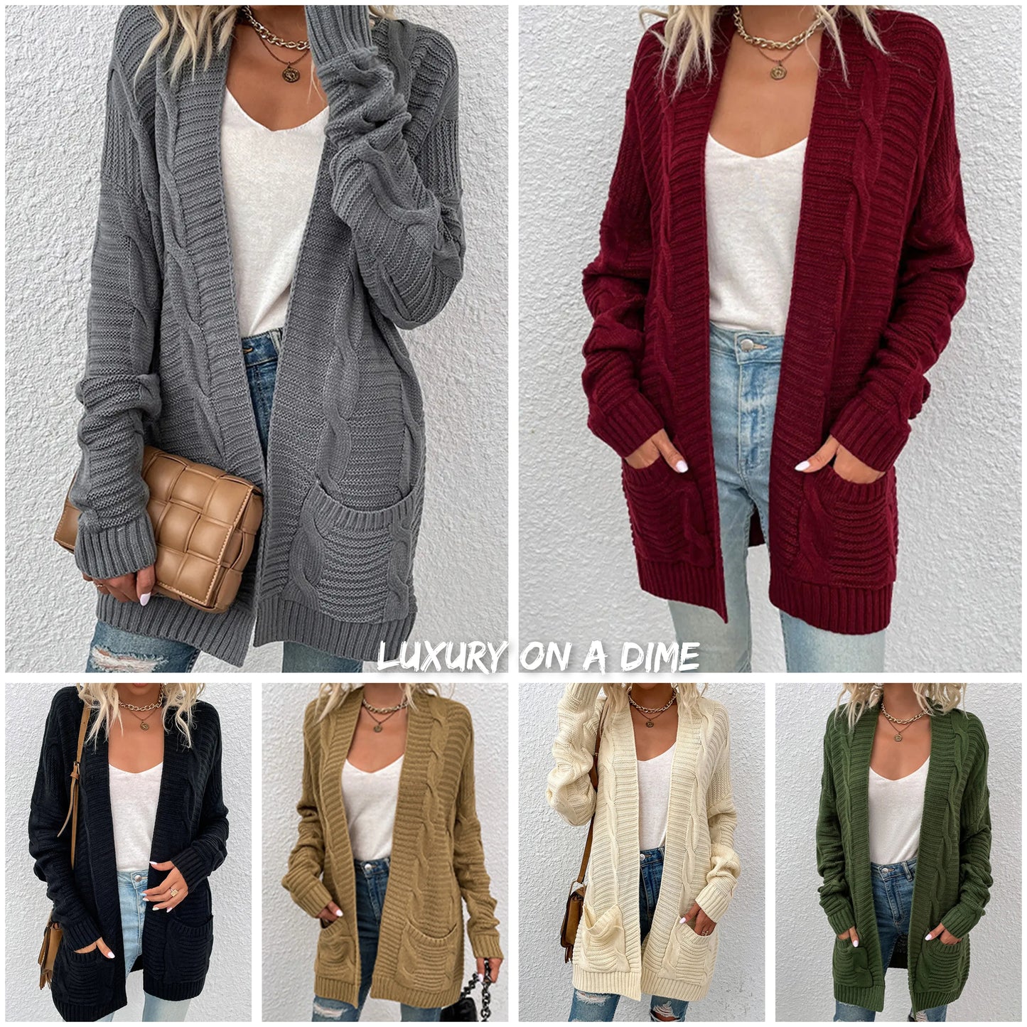 Oversized Cable Knit Classic Open Front Patch Pocket Cardigan Fall Winter