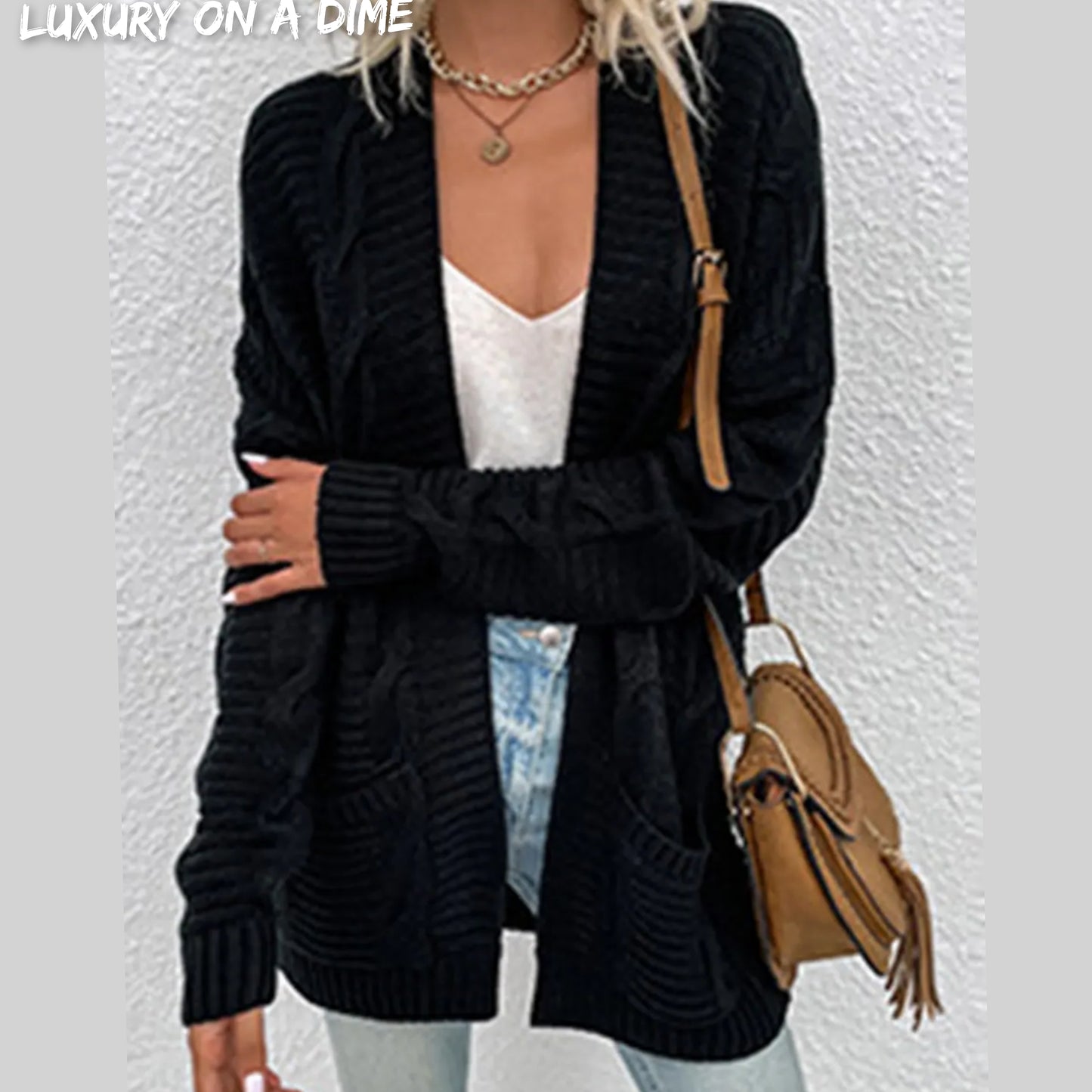 Oversized Cable Knit Classic Open Front Patch Pocket Cardigan Fall Winter