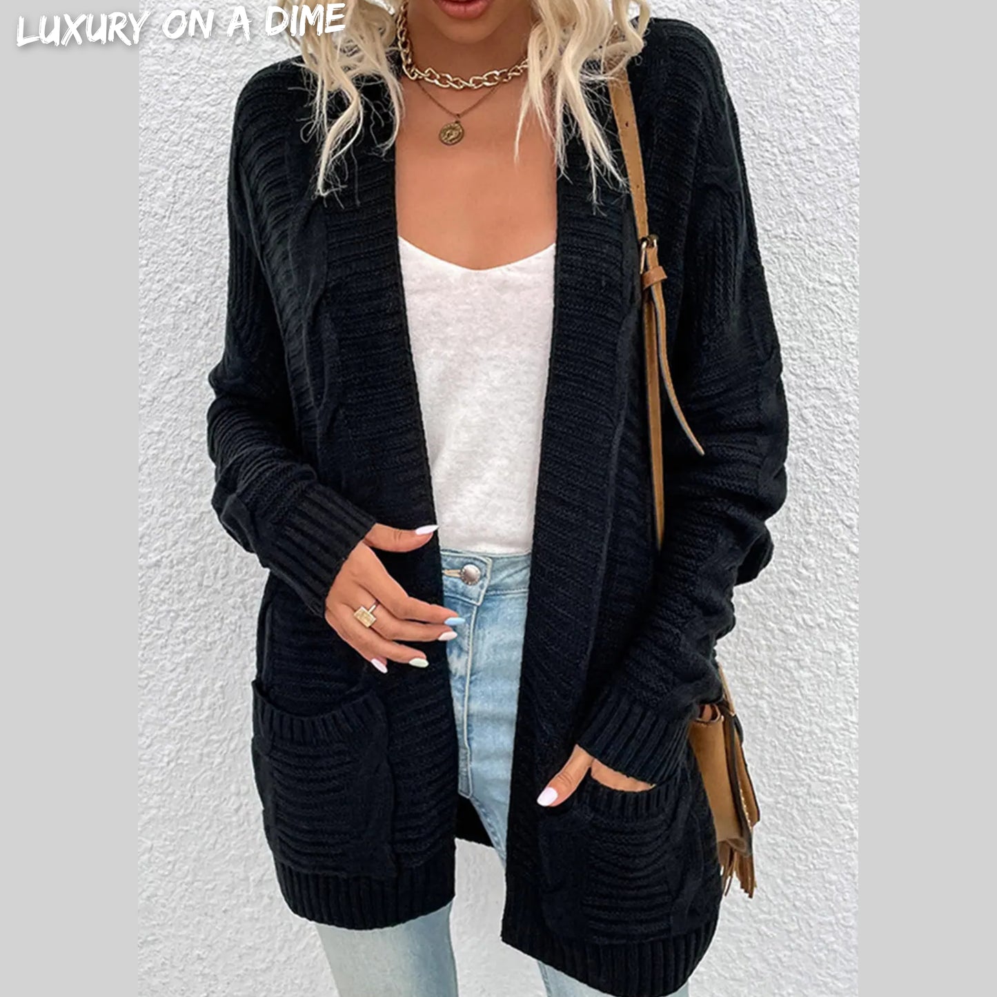 Oversized Cable Knit Classic Open Front Patch Pocket Cardigan Fall Winter