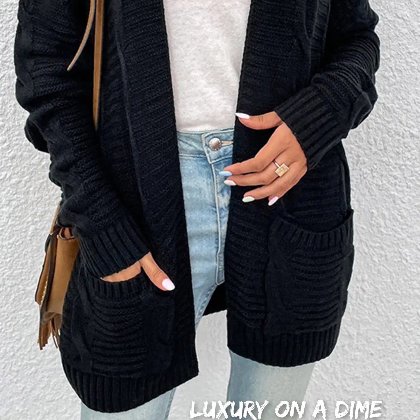 Oversized Cable Knit Classic Open Front Patch Pocket Cardigan Fall Winter