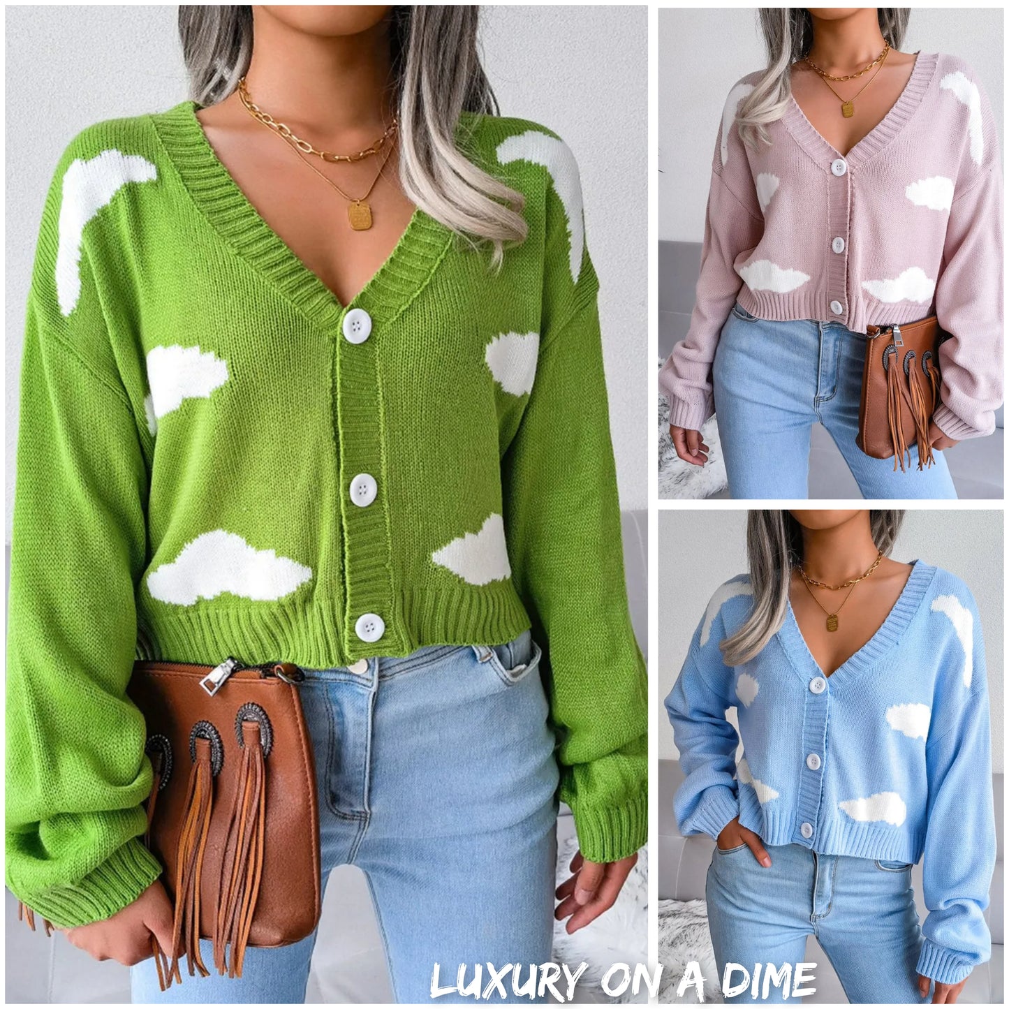 Cloud Print Cropped Classic Knit Button Front Retro Long Sleeve Cardigan