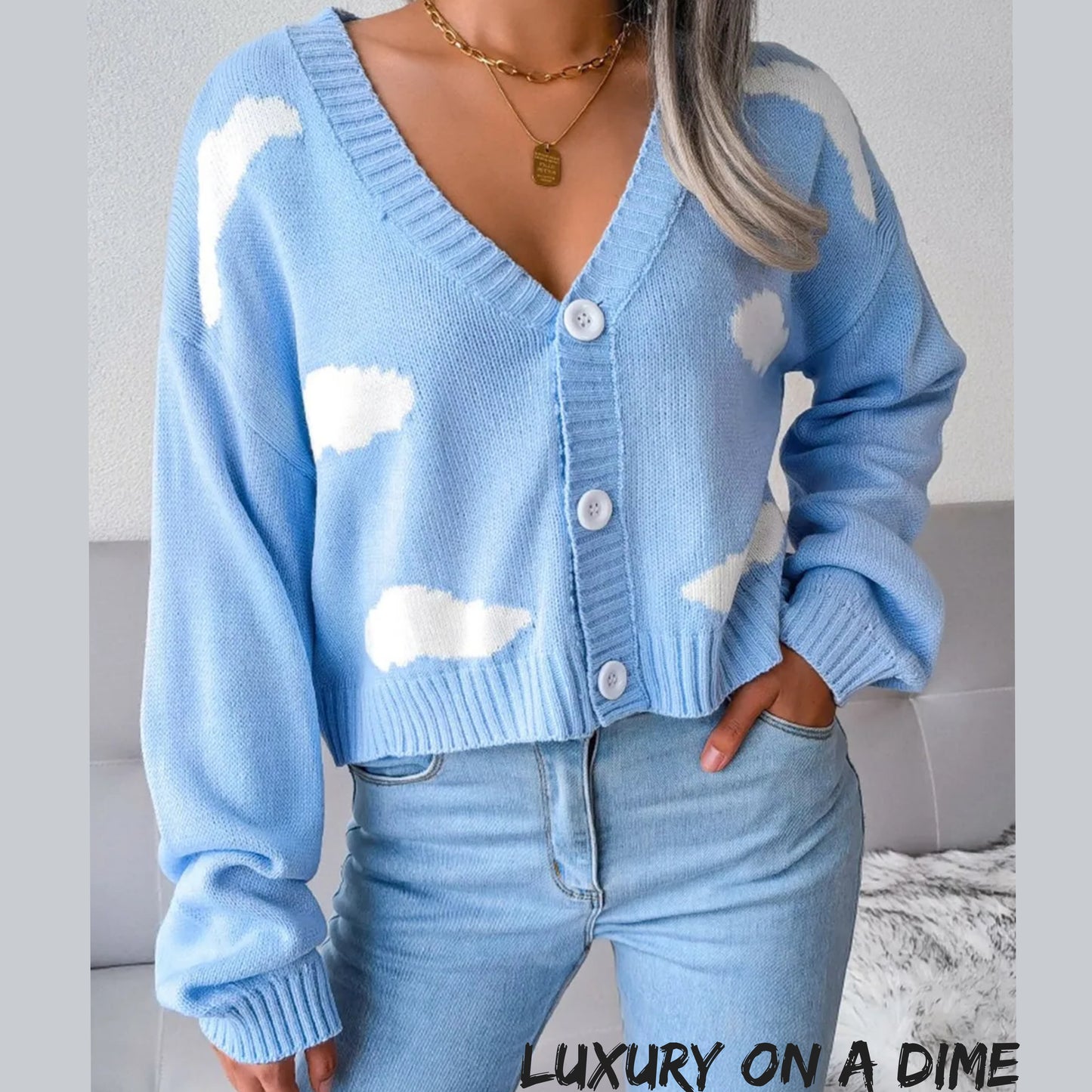 Cloud Print Cropped Classic Knit Button Front Retro Long Sleeve Cardigan